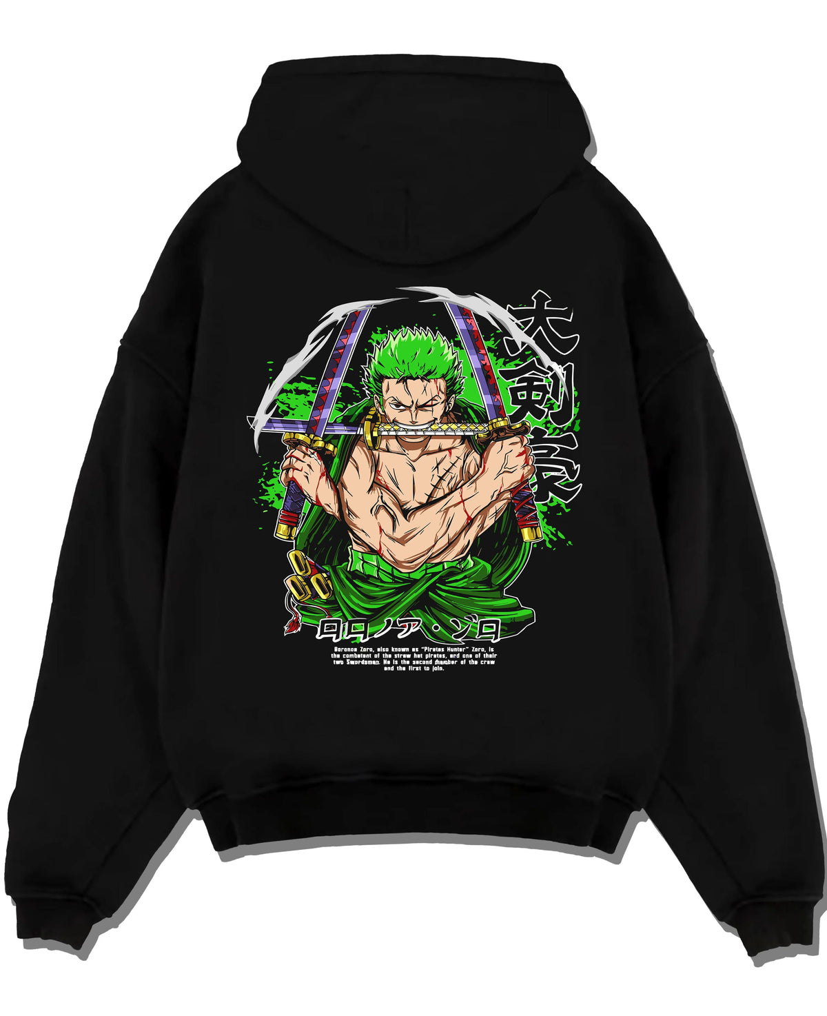 Black hoodie laid flat featuring Roronoa Zoro bandana Three Sword Style One Piece artwork.