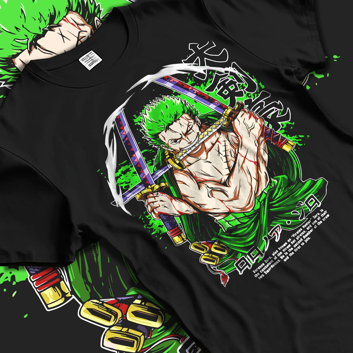 Black T-shirt laid flat with natural folds featuring Roronoa Zoro bandana Three Sword Style One Piece artwork.