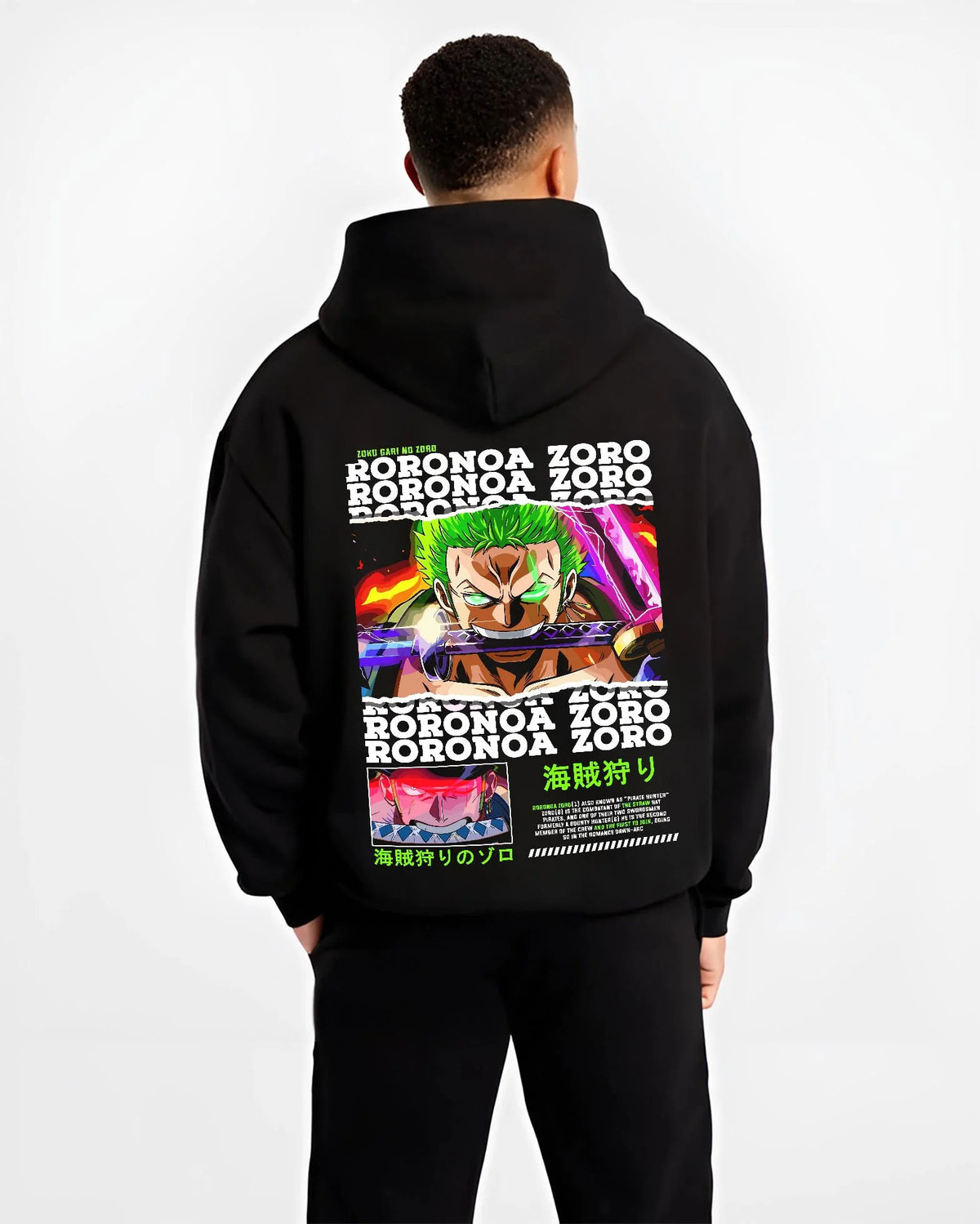 Black hoodie worn by male model from the back featuring Roronoa Zoro Pirate Hunter One Piece artwork.