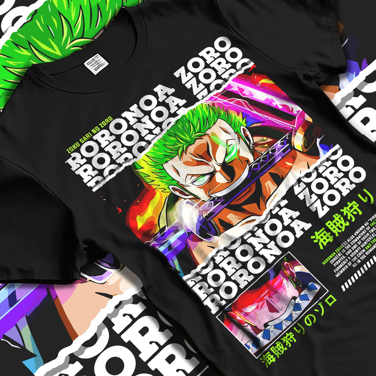 Black T-shirt laid flat with natural folds featuring Roronoa Zoro Pirate Hunter One Piece artwork.