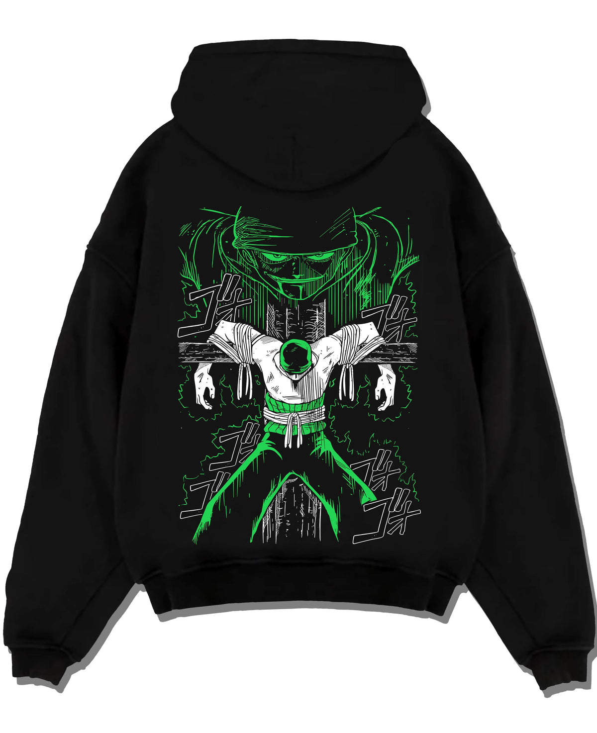 Black hoodie laid flat featuring Roronoa Zoro swordsman portrait One Piece artwork.