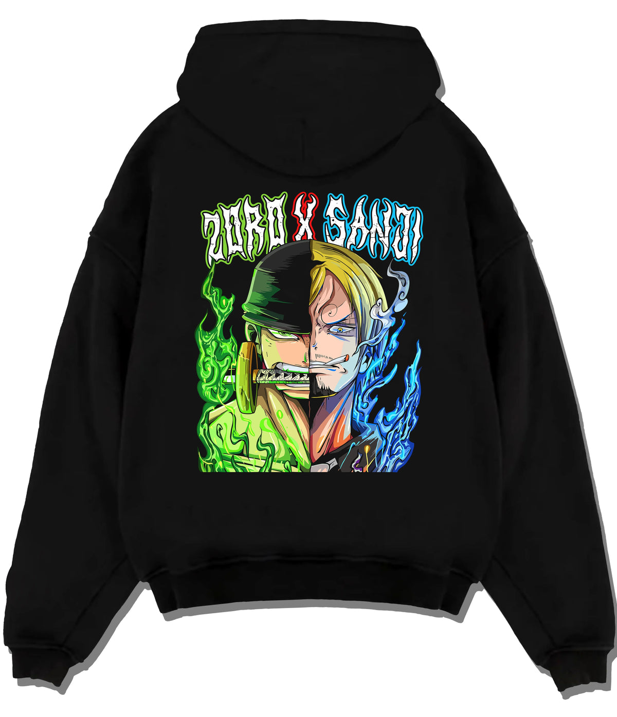 Black hoodie flat back view with Split-face Roronoa Zoro and Sanji from One Piece illustrated back graphic