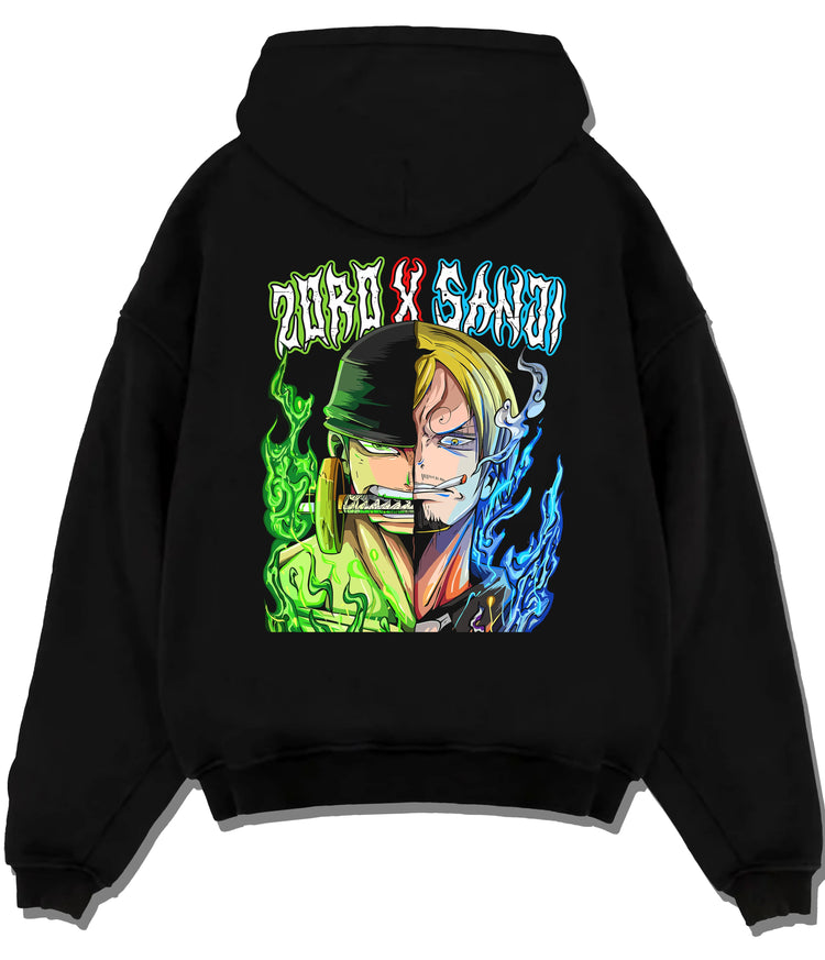 Black hoodie flat back view with Split-face Roronoa Zoro and Sanji from One Piece illustrated back graphic