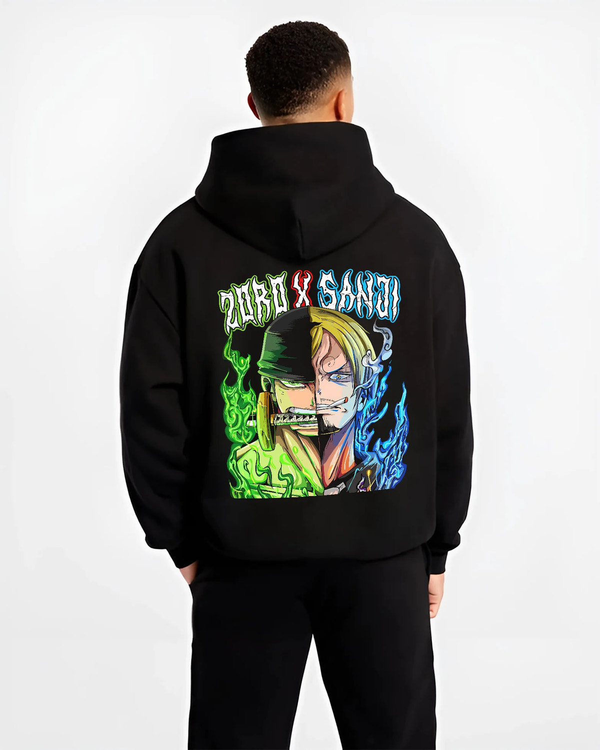 Black hoodie model back view with Split-face Roronoa Zoro and Sanji from One Piece illustrated back graphic