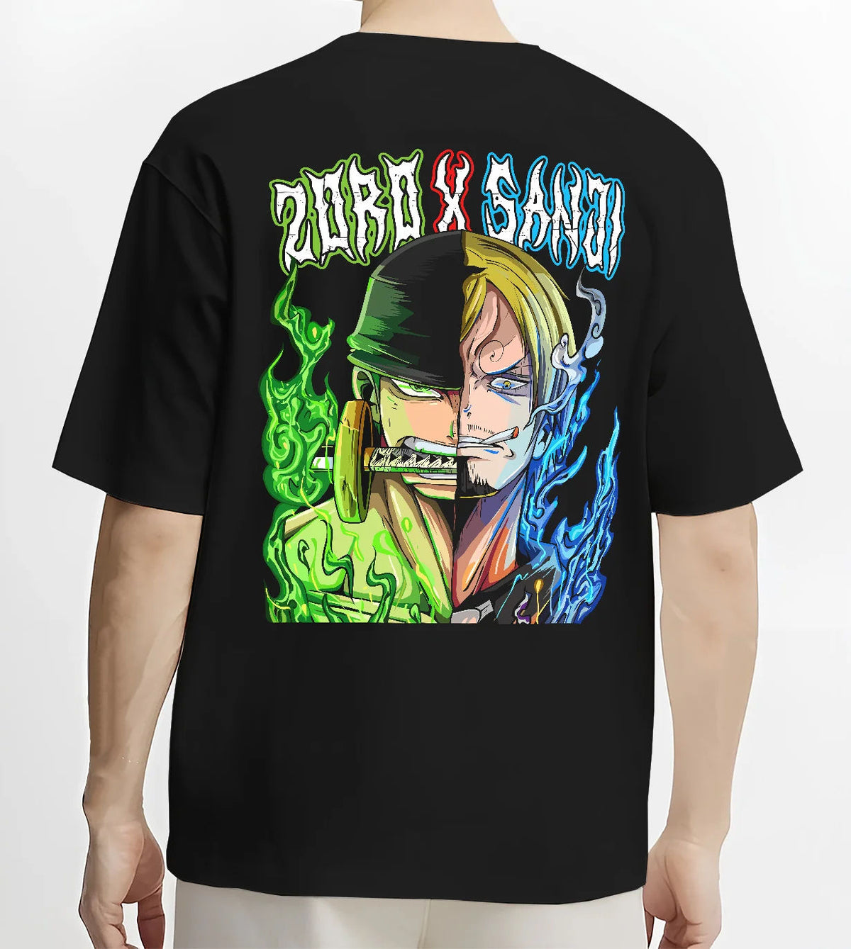 Black T-shirt model back view with Split-face Roronoa Zoro and Sanji from One Piece illustrated back graphic