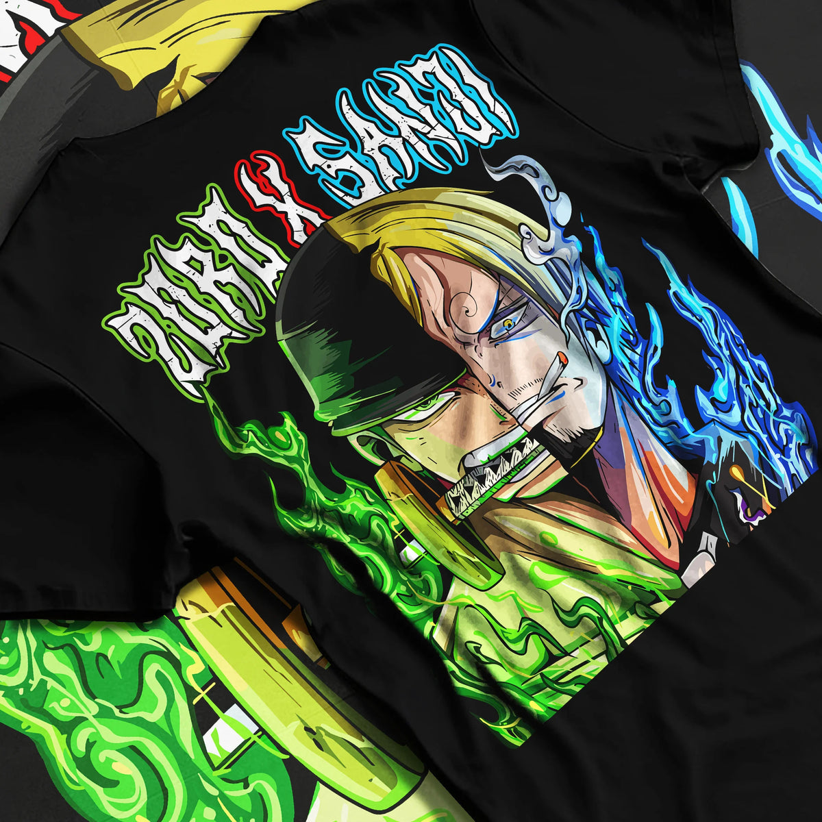Black T-shirt flat back view with Split-face Roronoa Zoro and Sanji from One Piece illustrated back graphic