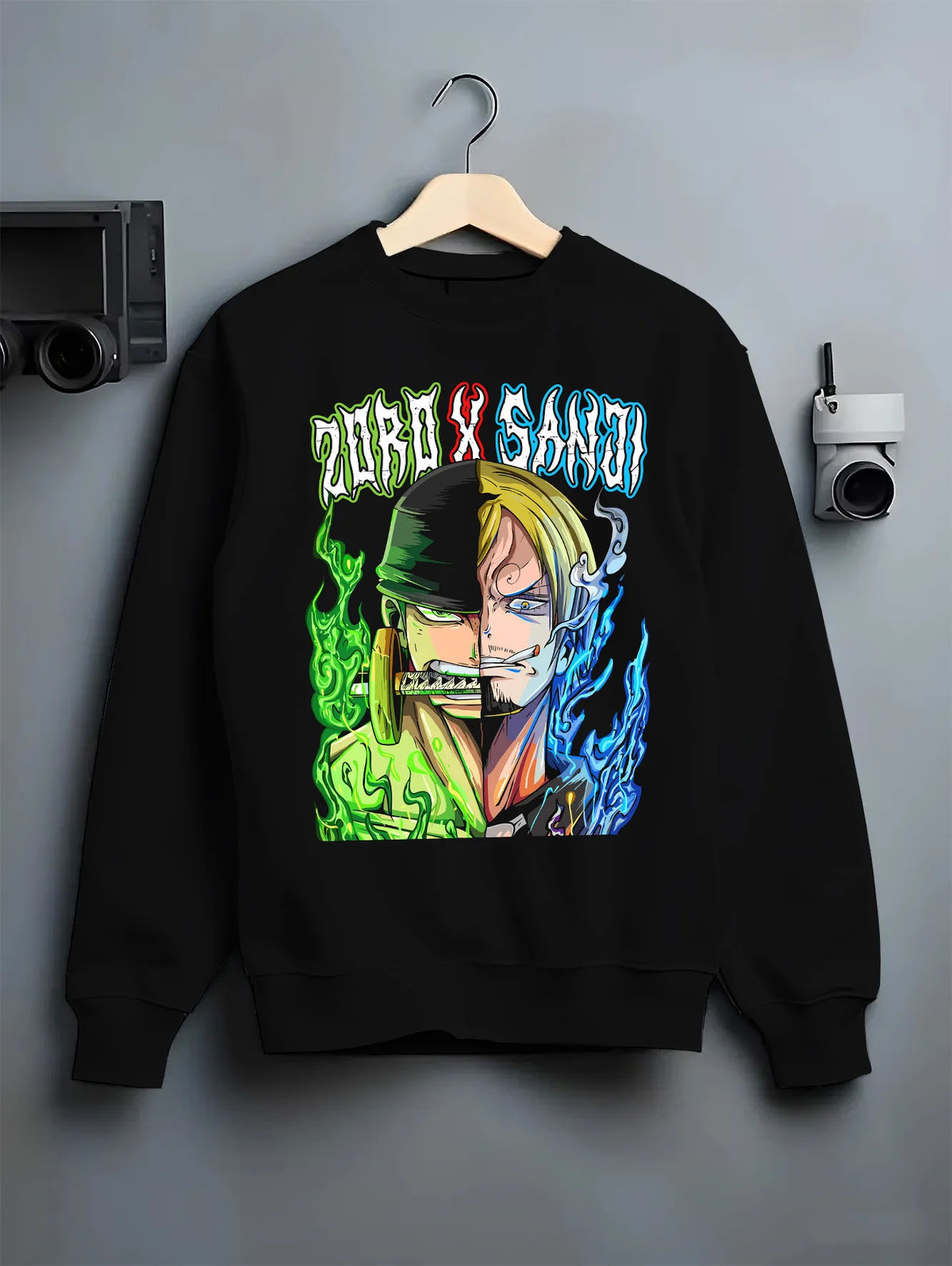 Black crewneck sweatshirt on hanger with Split-face Roronoa Zoro and Sanji from One Piece illustrated back graphic