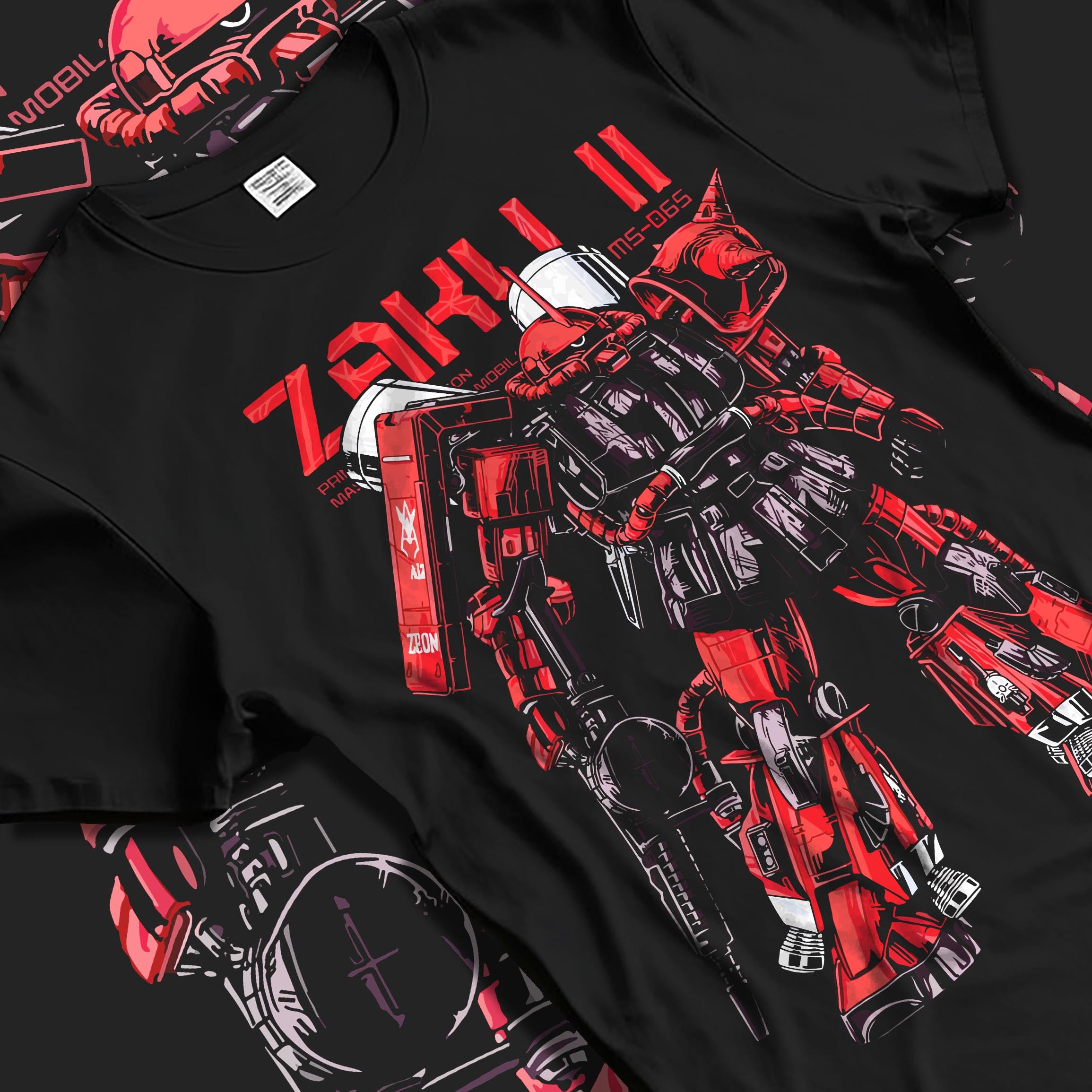 Black T-shirt laid flat with natural fabric folds, featuring Gundam Zaku II retro manga graphic mecha design with bold red and black details.