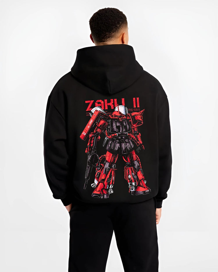 Black hoodie worn by a male model, back view, featuring Gundam Zaku II anime poster inspired design with striking retro mecha artwork.
