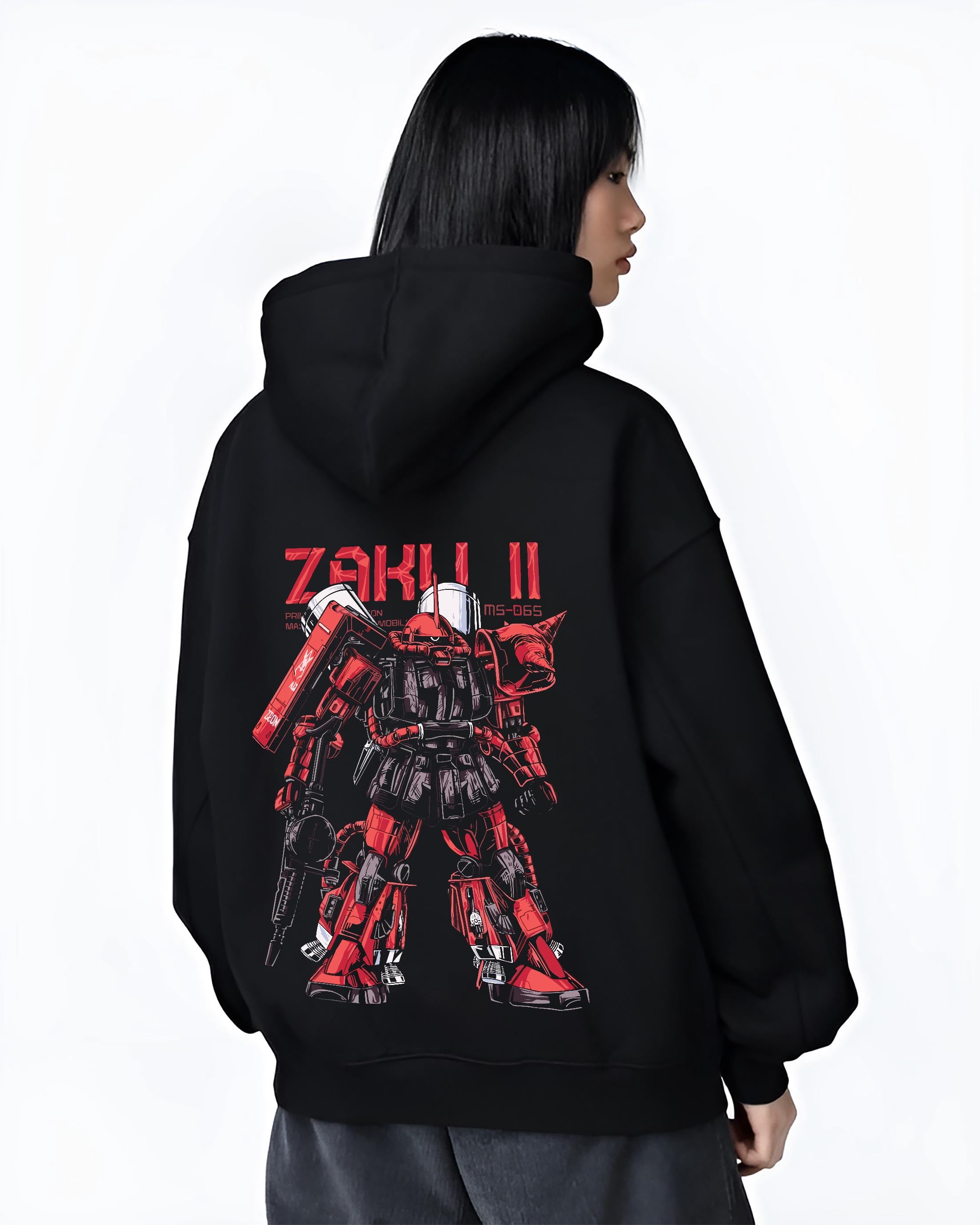 Black hoodie worn by a female model, back view, featuring Zaku II anime poster inspired design with retro mecha Gundam artwork in red tones.