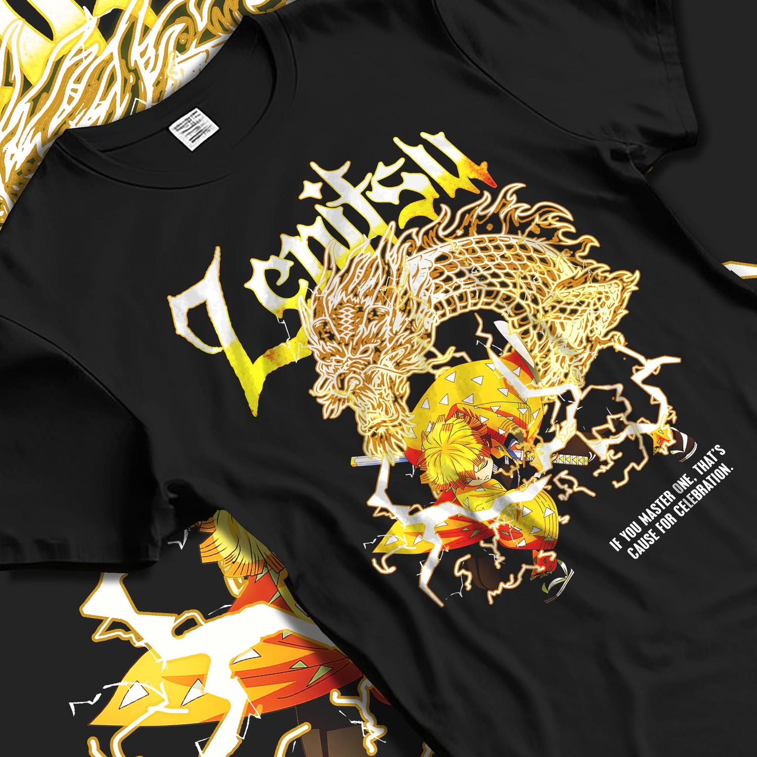 Black T-shirt laid flat with natural fabric folds, featuring Demon Slayer Zenitsu anime poster inspired artwork print with lightning effects and Japanese manga battle aesthetic design.