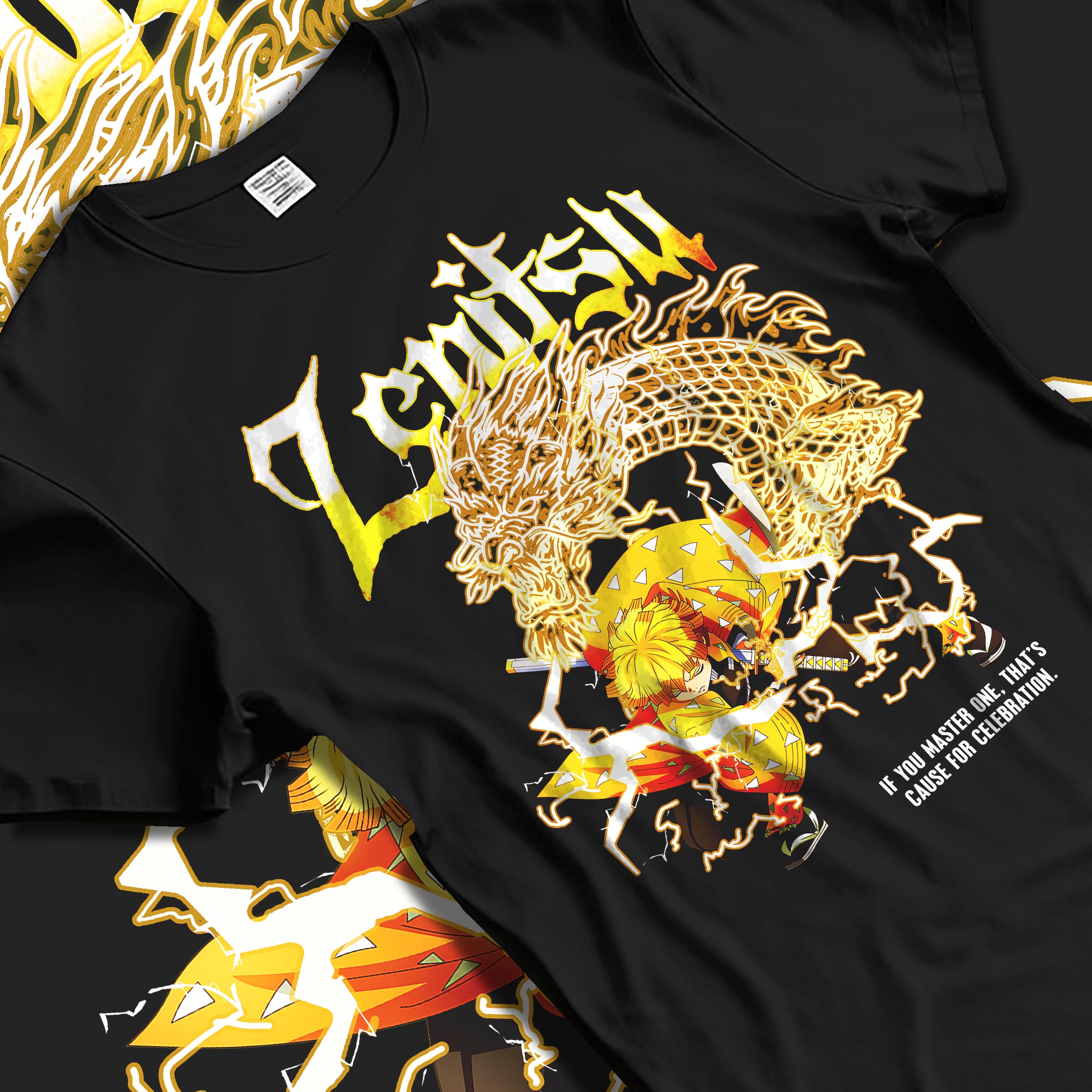Black T-shirt laid flat with natural fabric folds, featuring Demon Slayer Zenitsu anime poster inspired artwork print with lightning effects and Japanese manga battle aesthetic design.