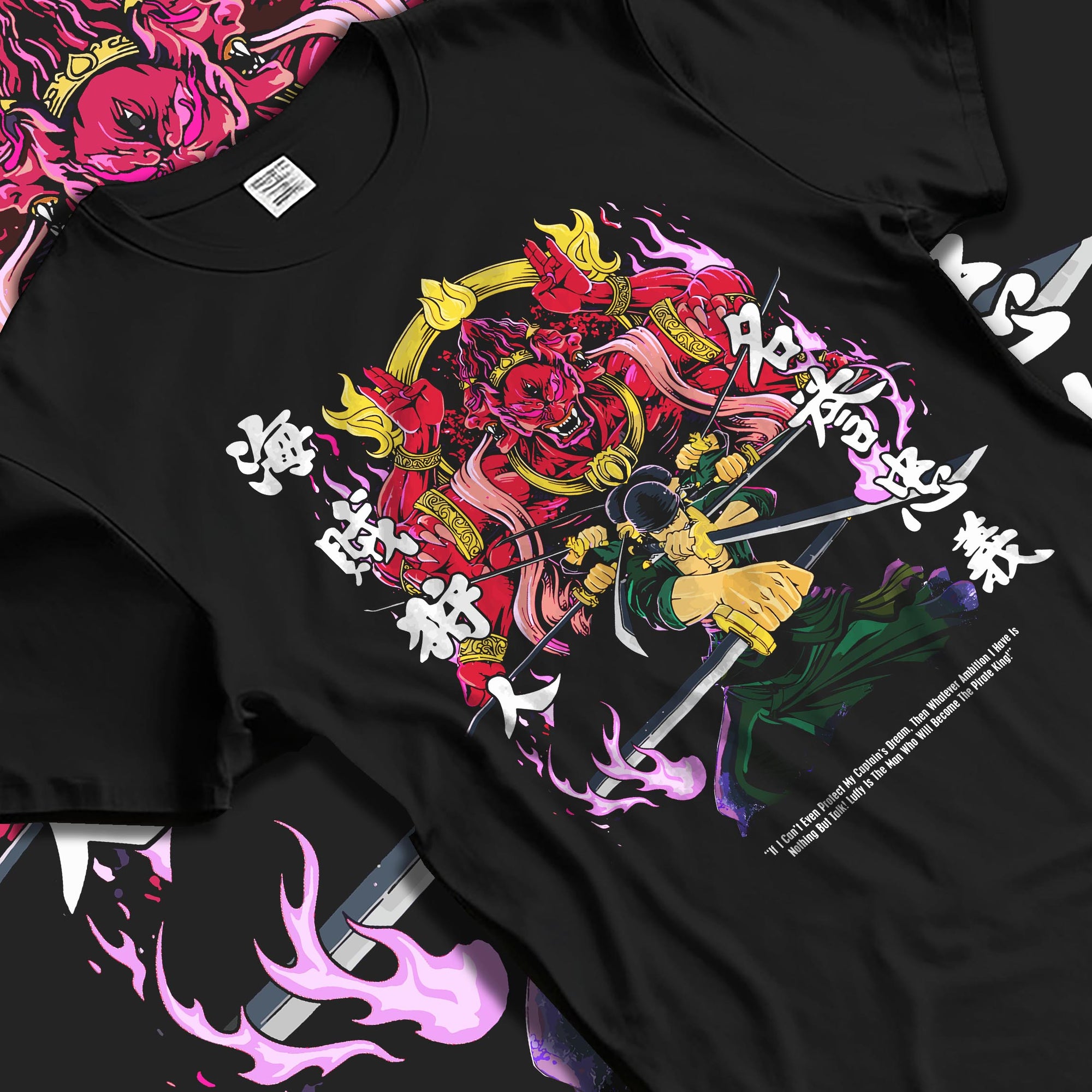 Black T-shirt laid flat with natural fabric folds, featuring Zoro One Piece anime poster inspired swordsman stance design with bold manga streetwear artwork.