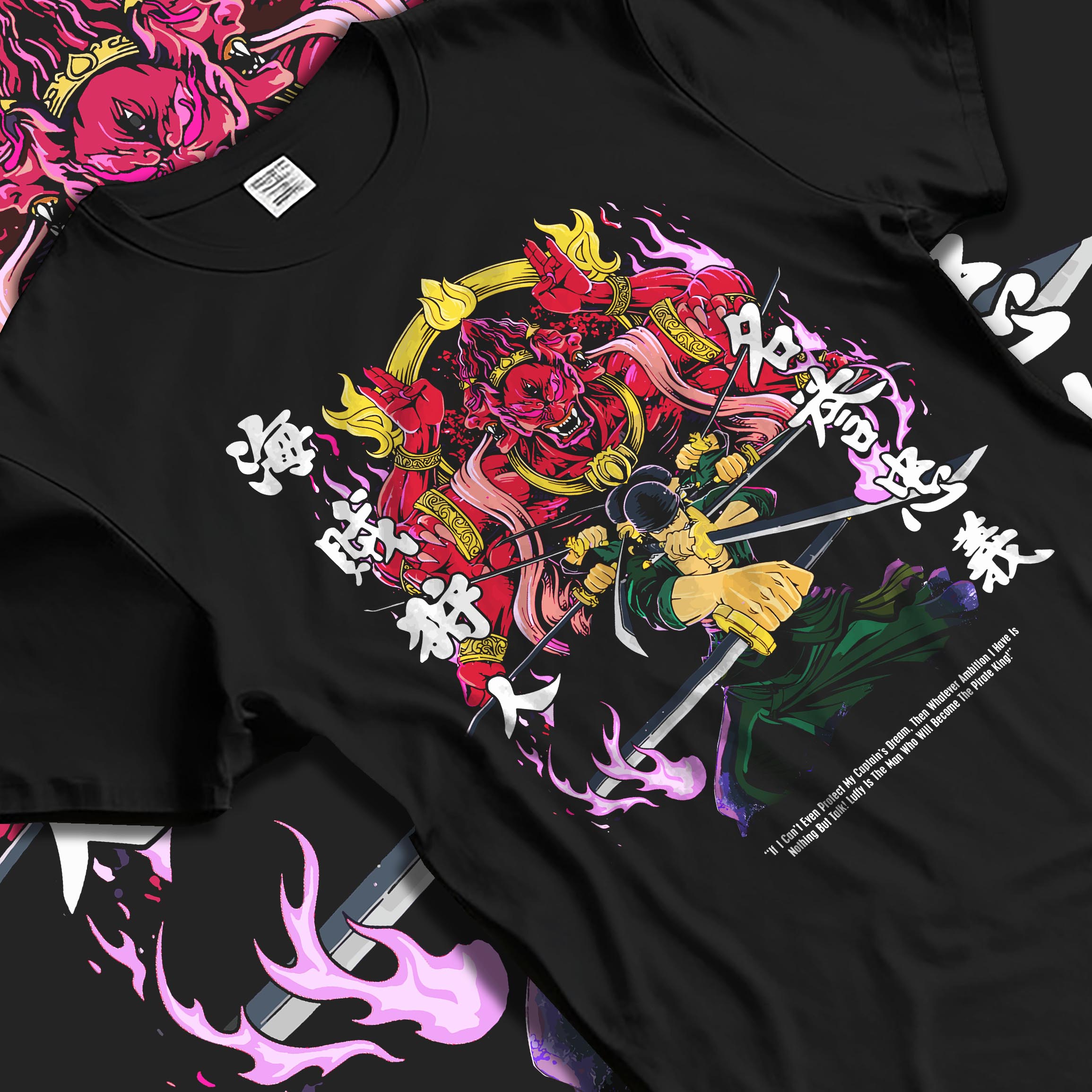 Black T-shirt laid flat with natural fabric folds, featuring Zoro One Piece anime poster inspired swordsman stance design with bold manga streetwear artwork.