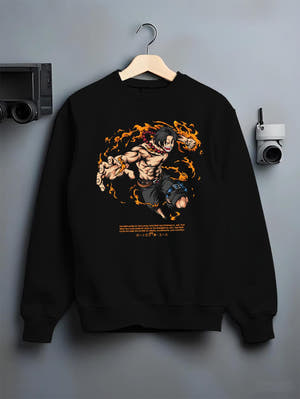 Black crewneck sweatshirt on a hanger against a grey wall, featuring Portgas D. Ace anime poster inspired design with fire powers from One Piece manga artwork print.