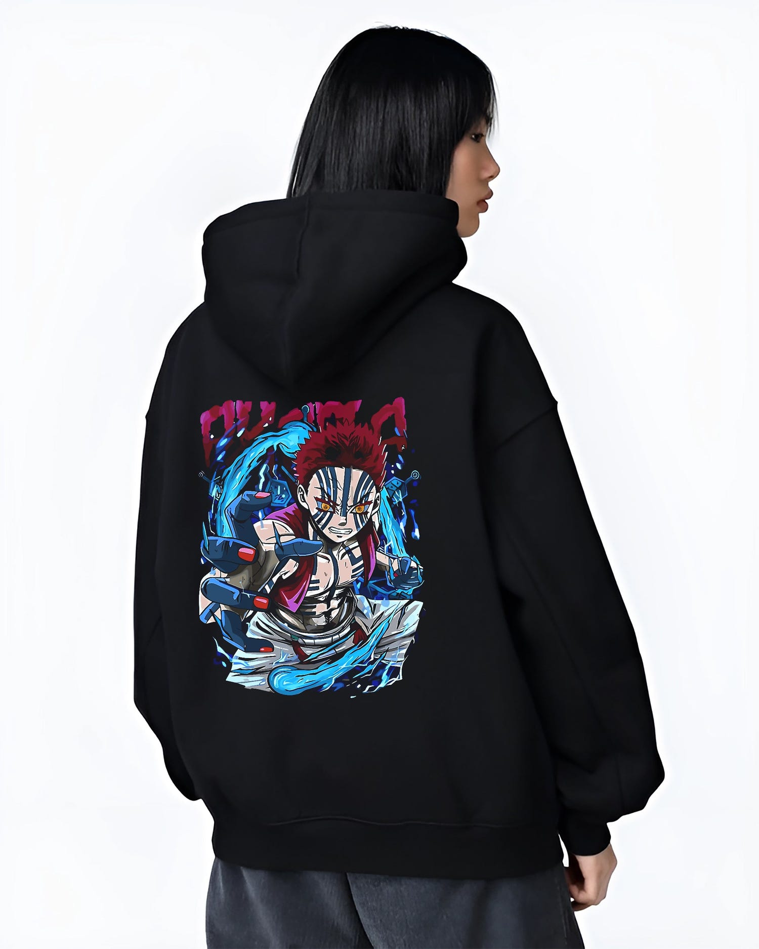 Black hoodie worn by a female model, back view, featuring Akaza Demon Slayer shonen battle character artwork with glowing blue aura in urban fashion back graphic.