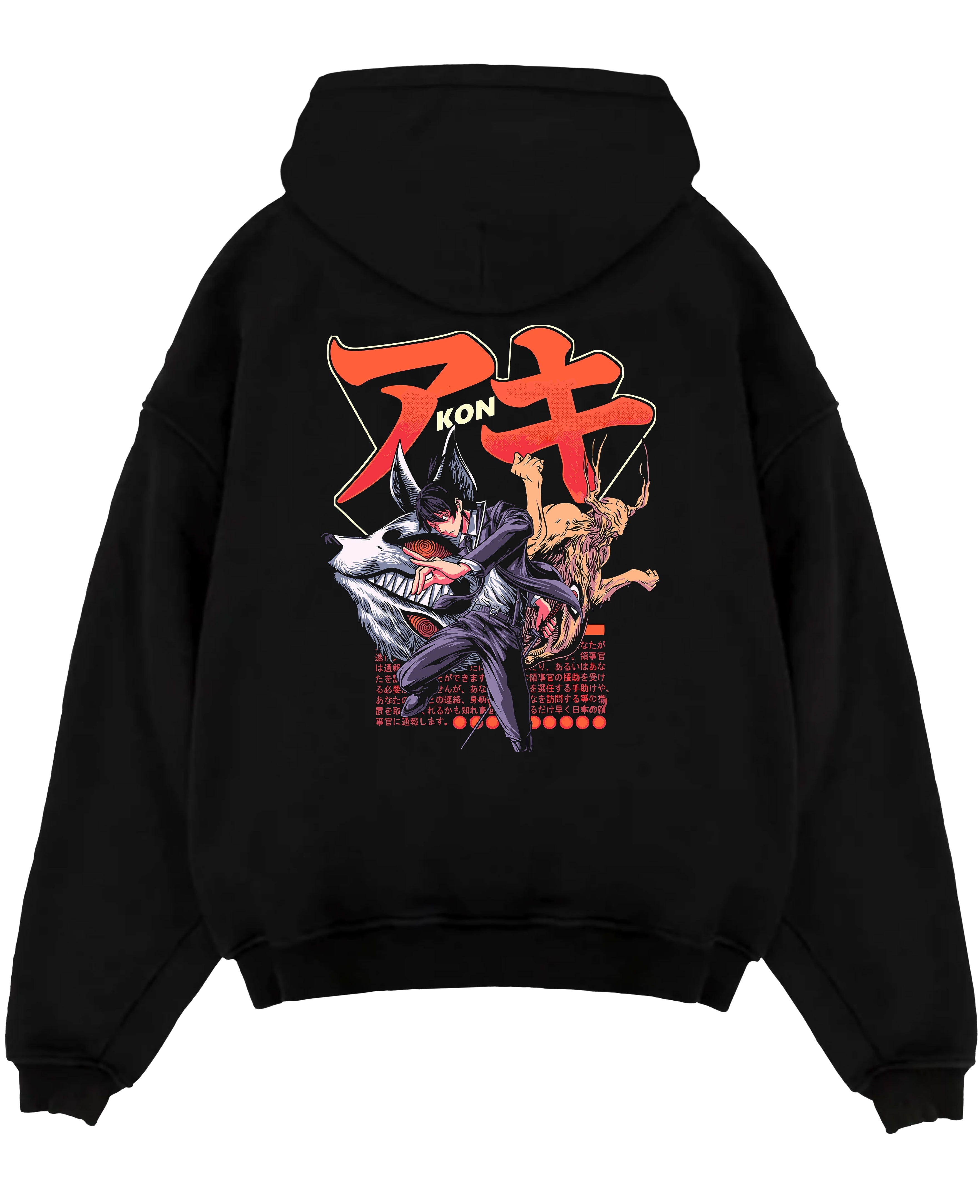 Black pullover hoodie laid flat on a white background, featuring Aki Chainsaw Man anime poster inspired artwork with fox devil in retro manga battle design.