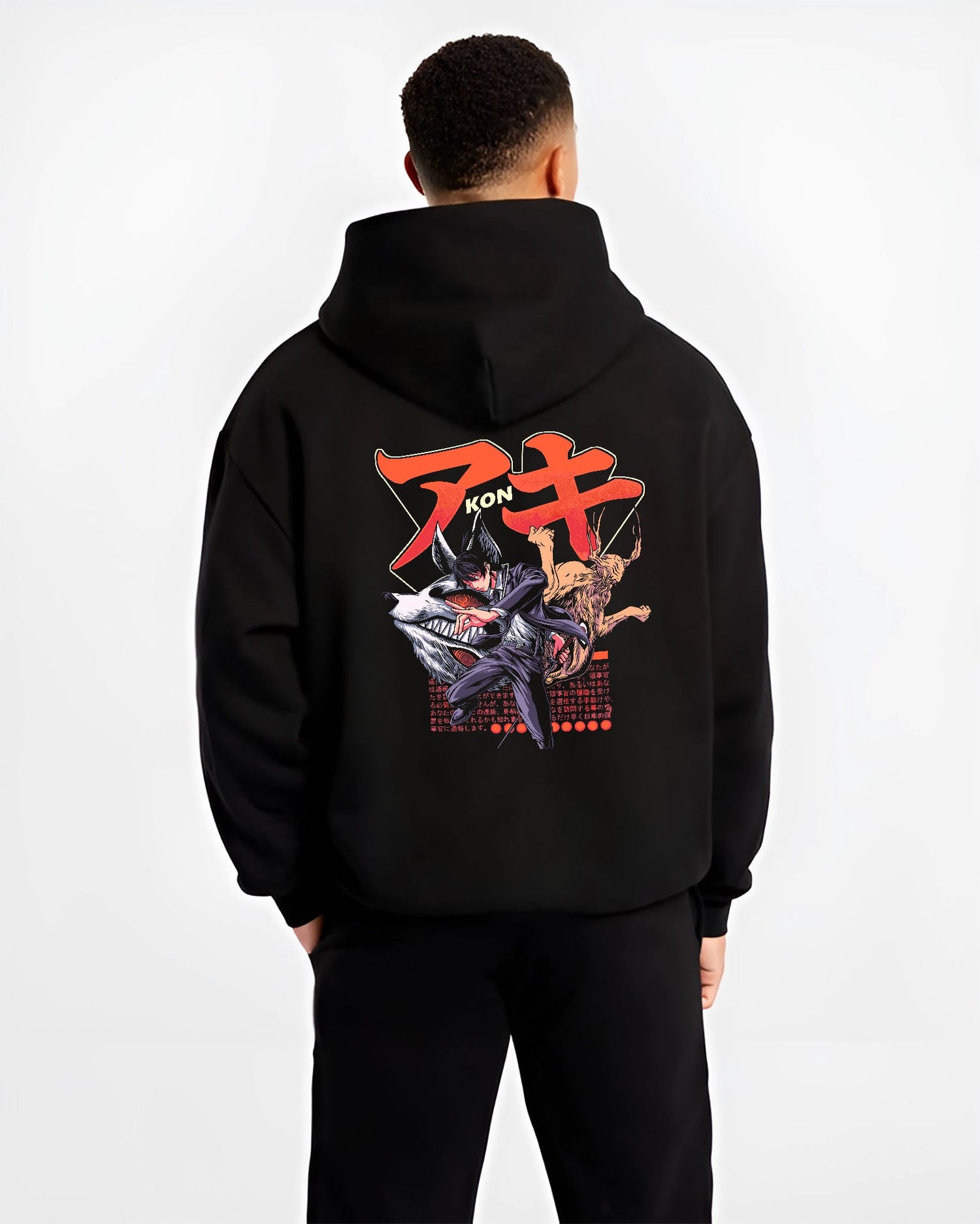 Black hoodie worn by a male model, back view, featuring Aki Chainsaw Man retro manga graphic with fox devil summon in Japanese animation streetwear style.