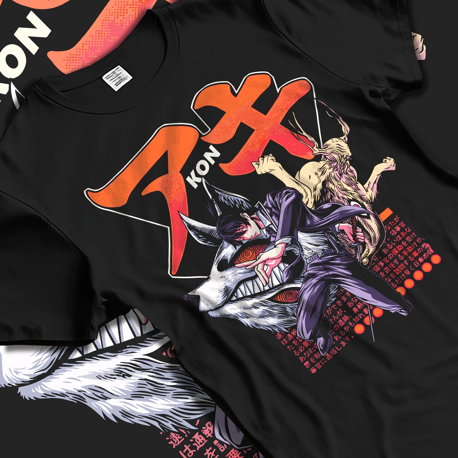 Black T-shirt laid flat with natural fabric folds, featuring Aki Chainsaw Man retro manga inspired graphic with fox devil and Japanese animation battle styling.