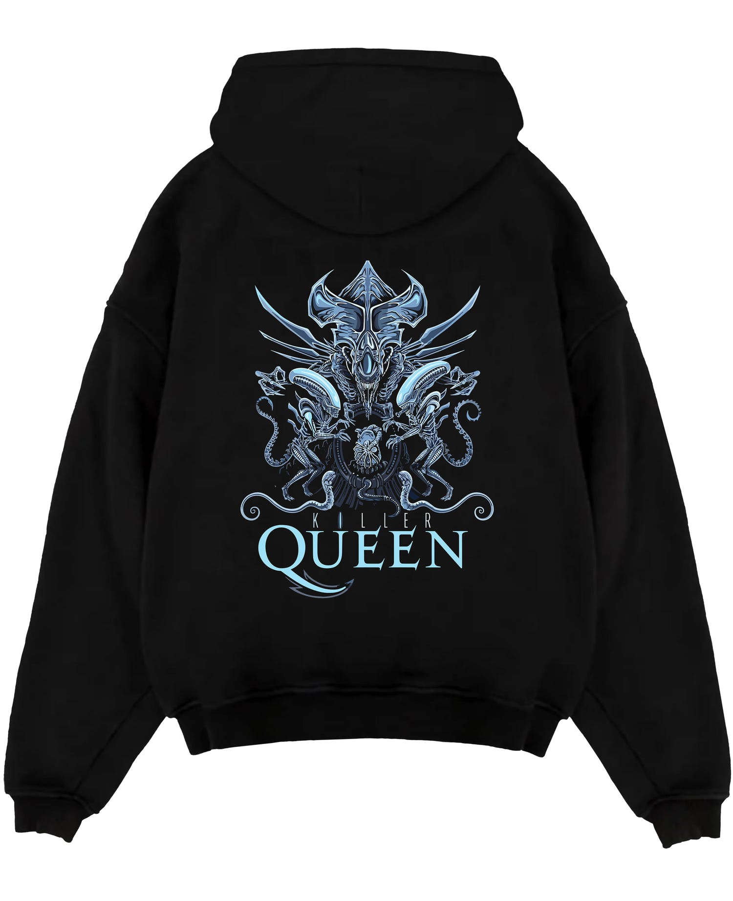 Black pullover hoodie laid flat on white, featuring Alien Xenomorph Queen “Killer Queen” retro sci-fi film graphic with intricate biomech details.