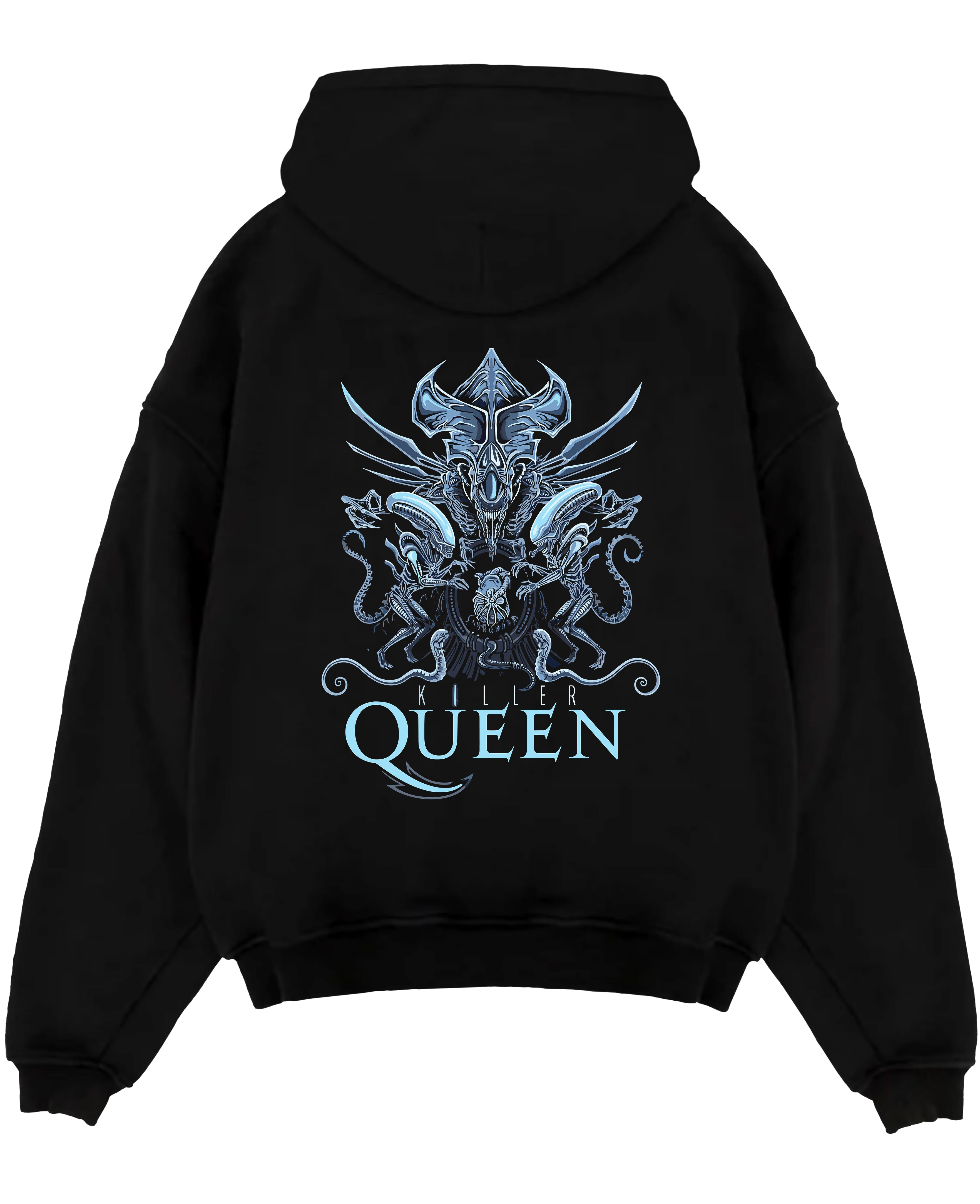 Black pullover hoodie laid flat on white, featuring Alien Xenomorph Queen “Killer Queen” retro sci-fi film graphic with intricate biomech details.