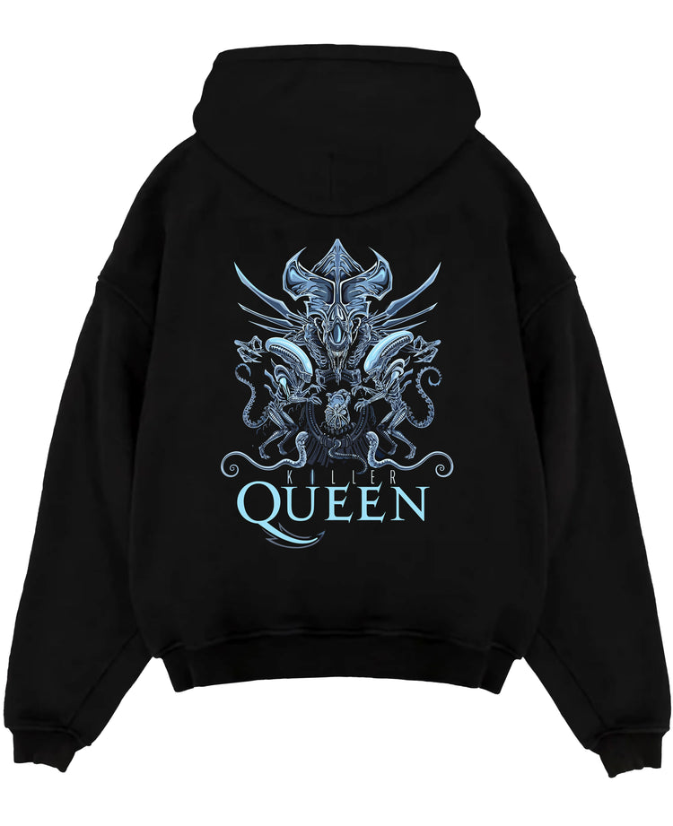 Black pullover hoodie laid flat on white, featuring Alien Xenomorph Queen “Killer Queen” retro sci-fi film graphic with intricate biomech details.