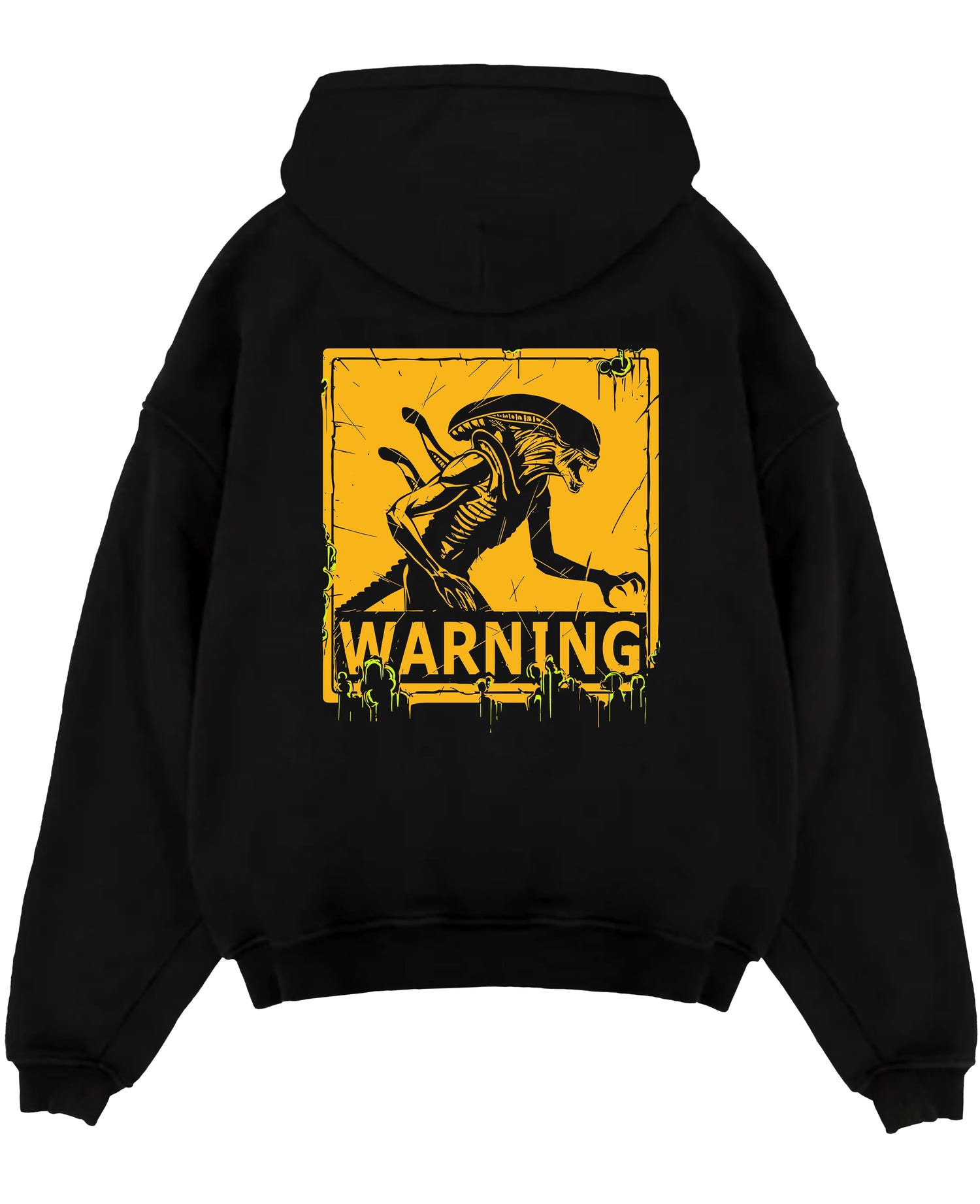 Black pullover hoodie laid flat, featuring Alien Xenomorph warning sign graphic, retro sci-fi film style with acid-green drips.