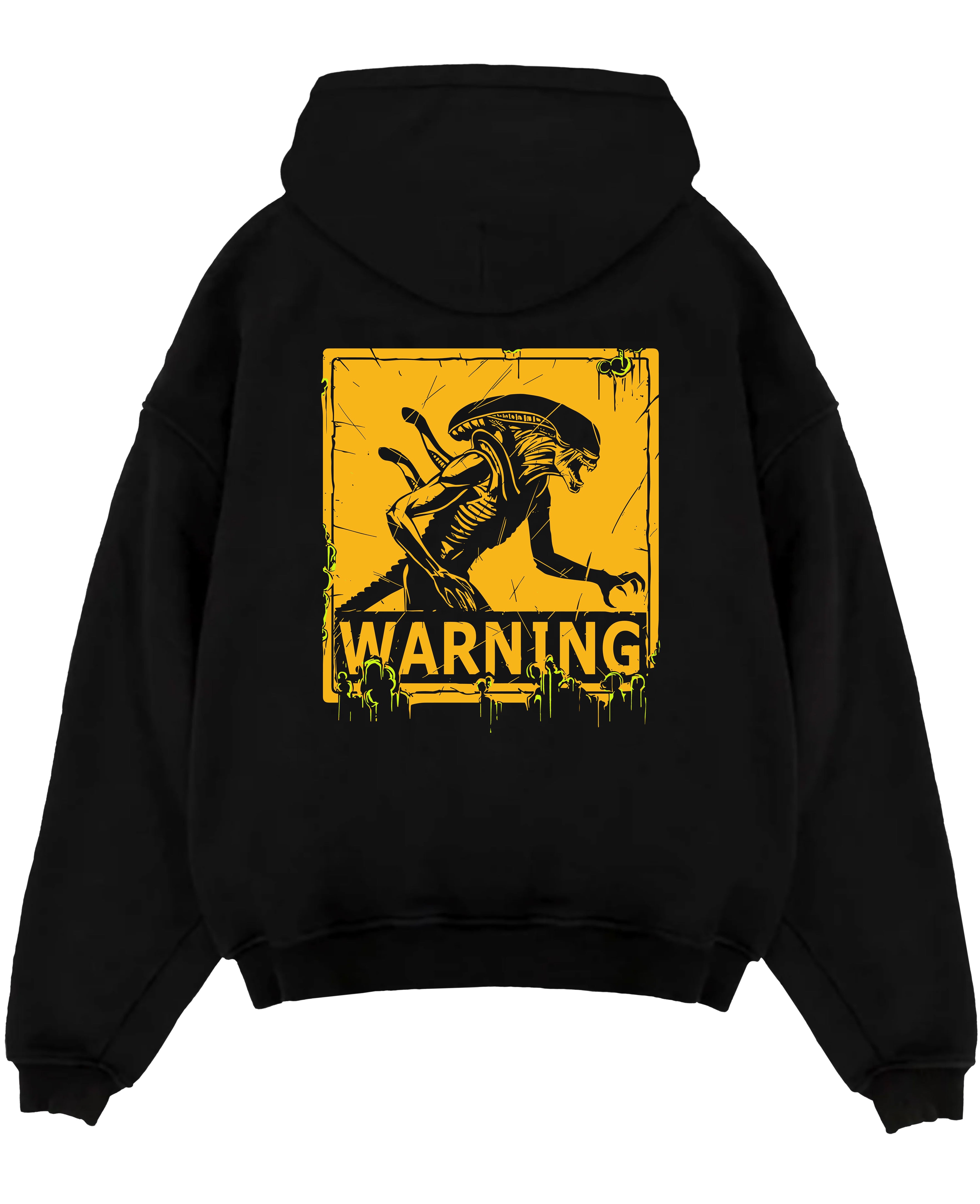 Black pullover hoodie laid flat, featuring Alien Xenomorph warning sign graphic, retro sci-fi film style with acid-green drips.