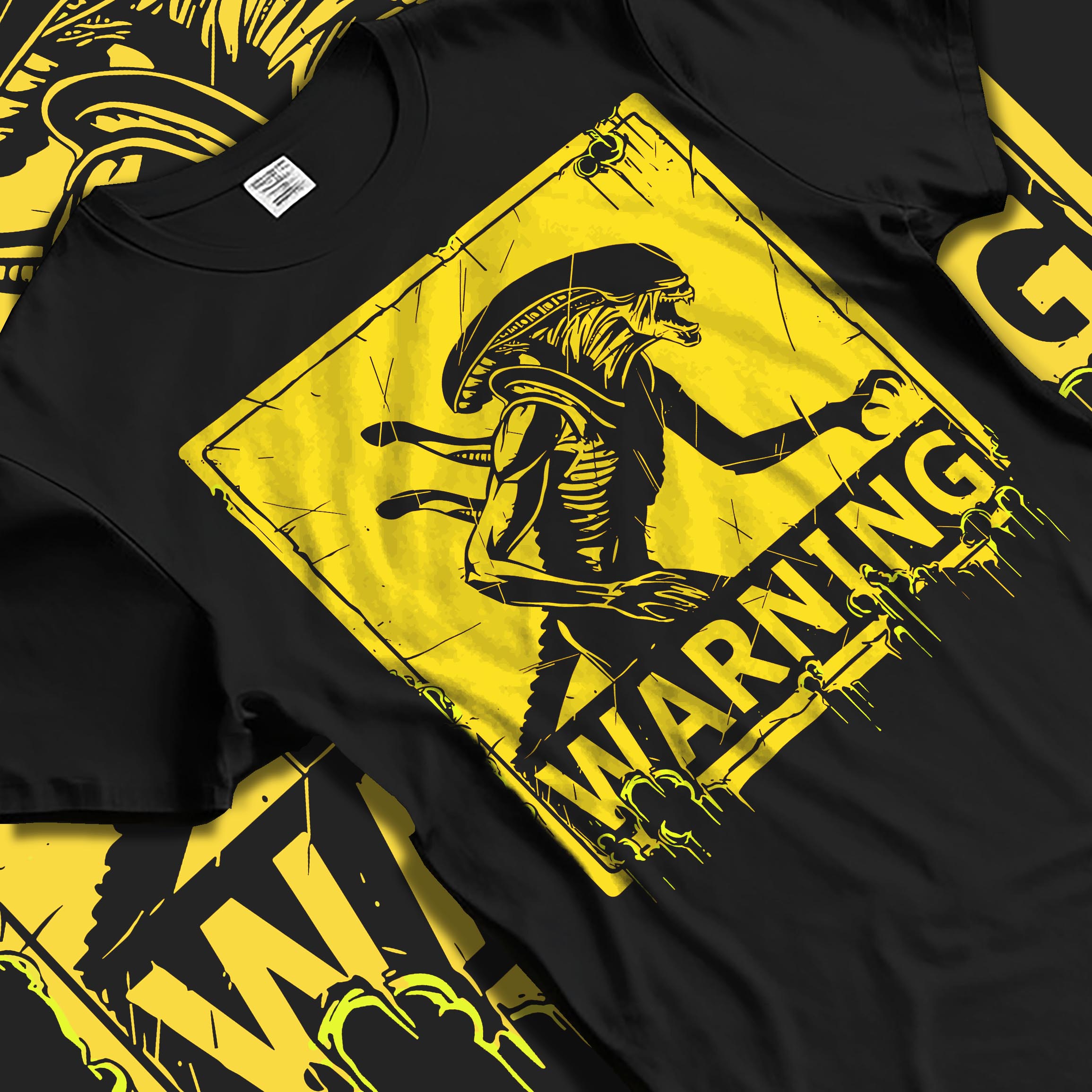 Black T-shirt laid flat with soft folds, featuring Alien Xenomorph warning sign retro sci-fi graphic and acid-green drips.