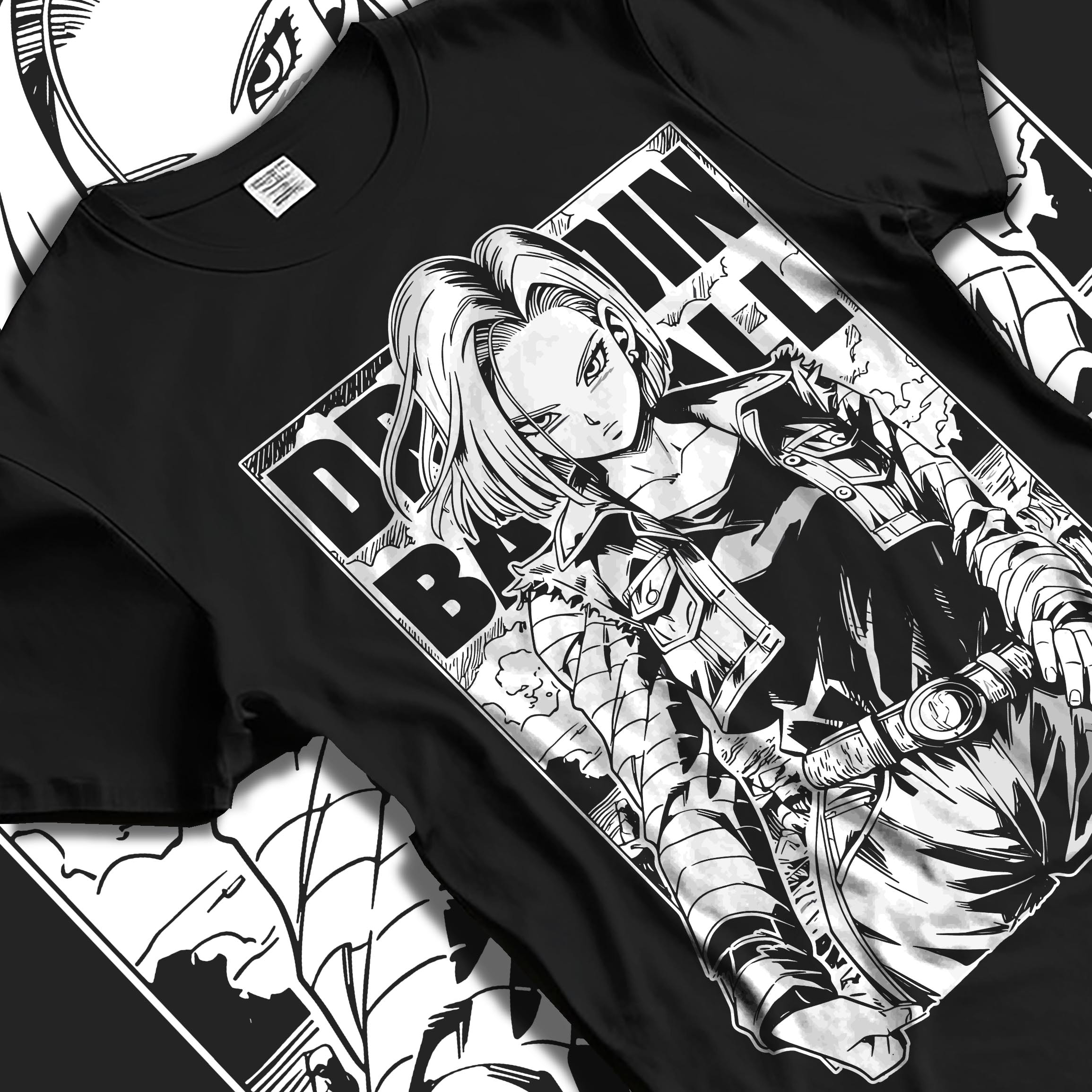 Black T-shirt laid flat with natural fabric folds, featuring Dragon Ball Android 18 retro manga artwork print styled with anime poster inspired streetwear design.