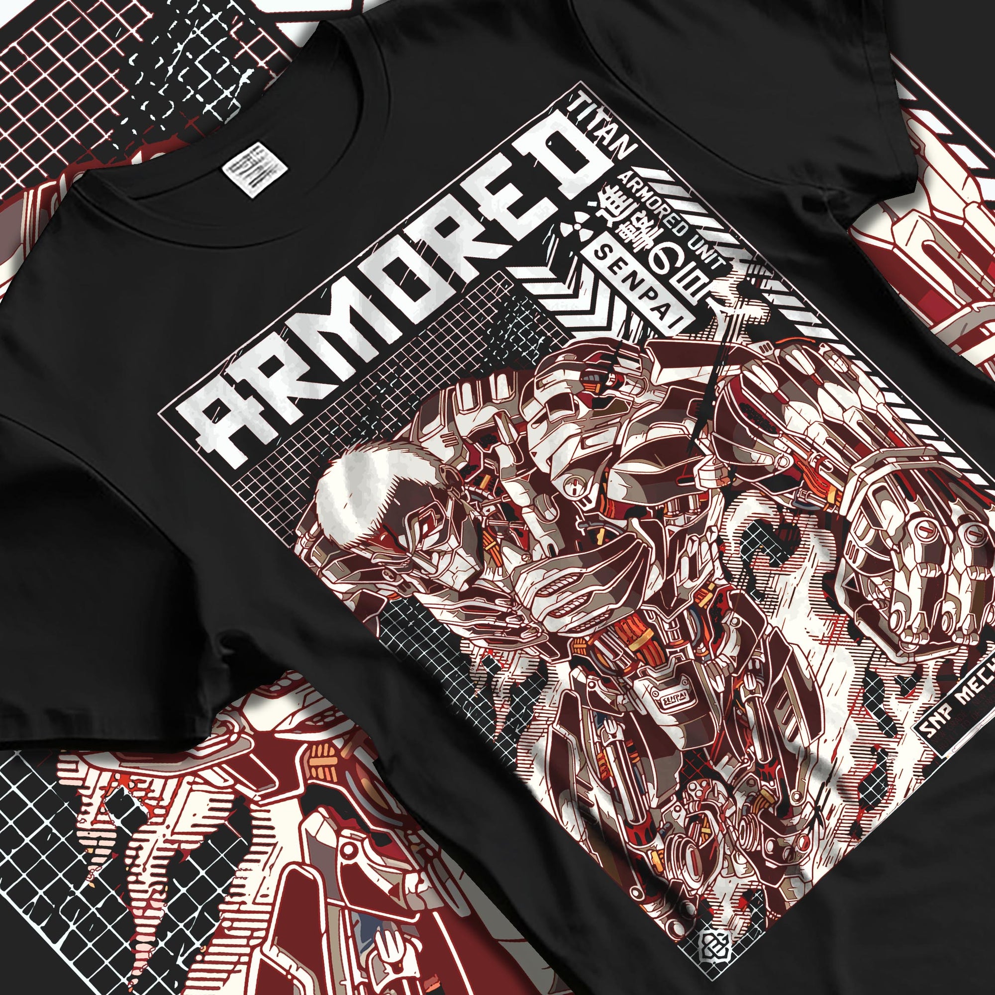 Black T-shirt laid flat with natural fabric folds, featuring Attack on Titan Armored Titan anime poster inspired artwork in gritty retro manga style with armored battle pose.