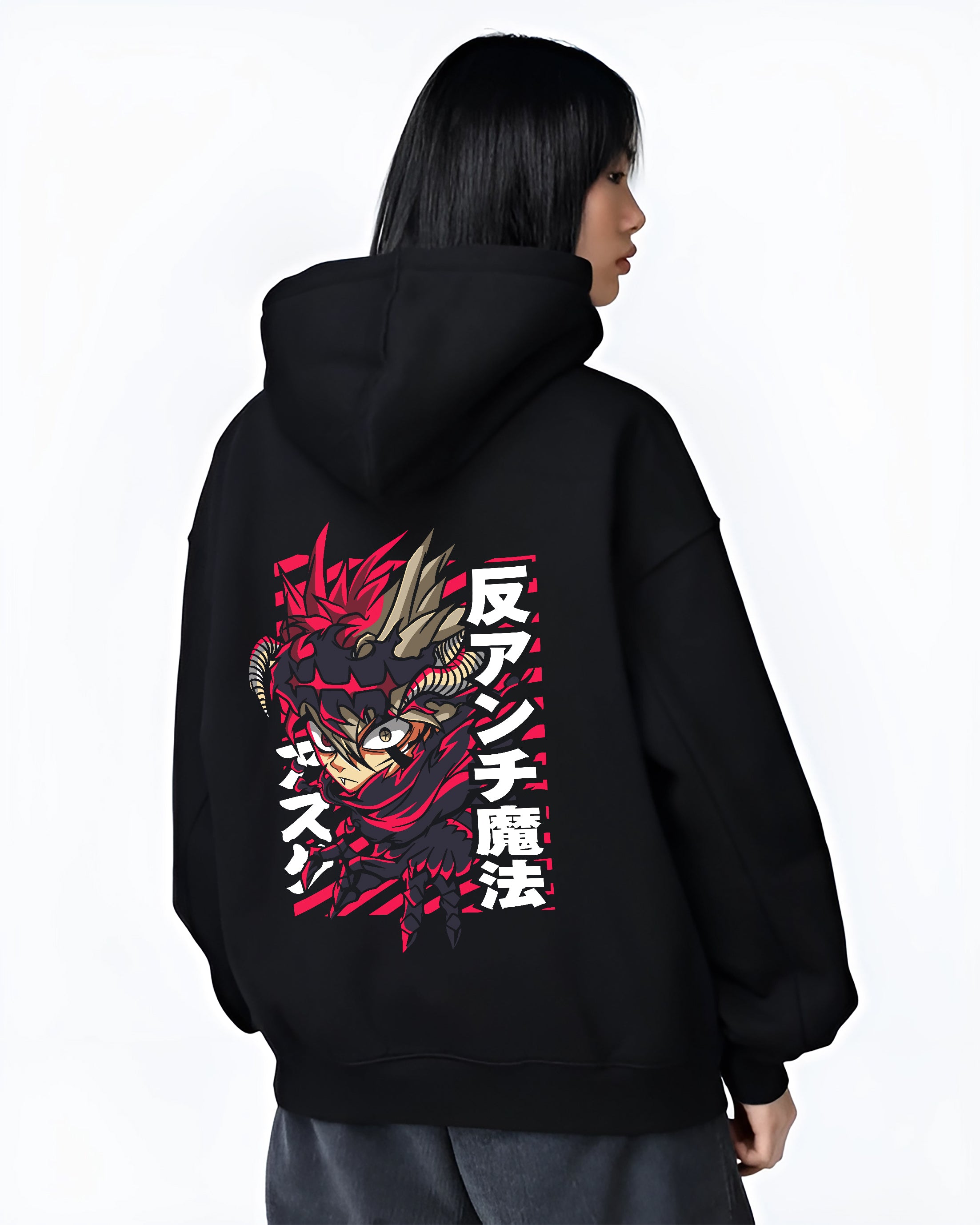 Black hoodie worn by a female model, back view, featuring Asta anti-magic Japanese animation streetwear design with bold shonen battle graphic.
