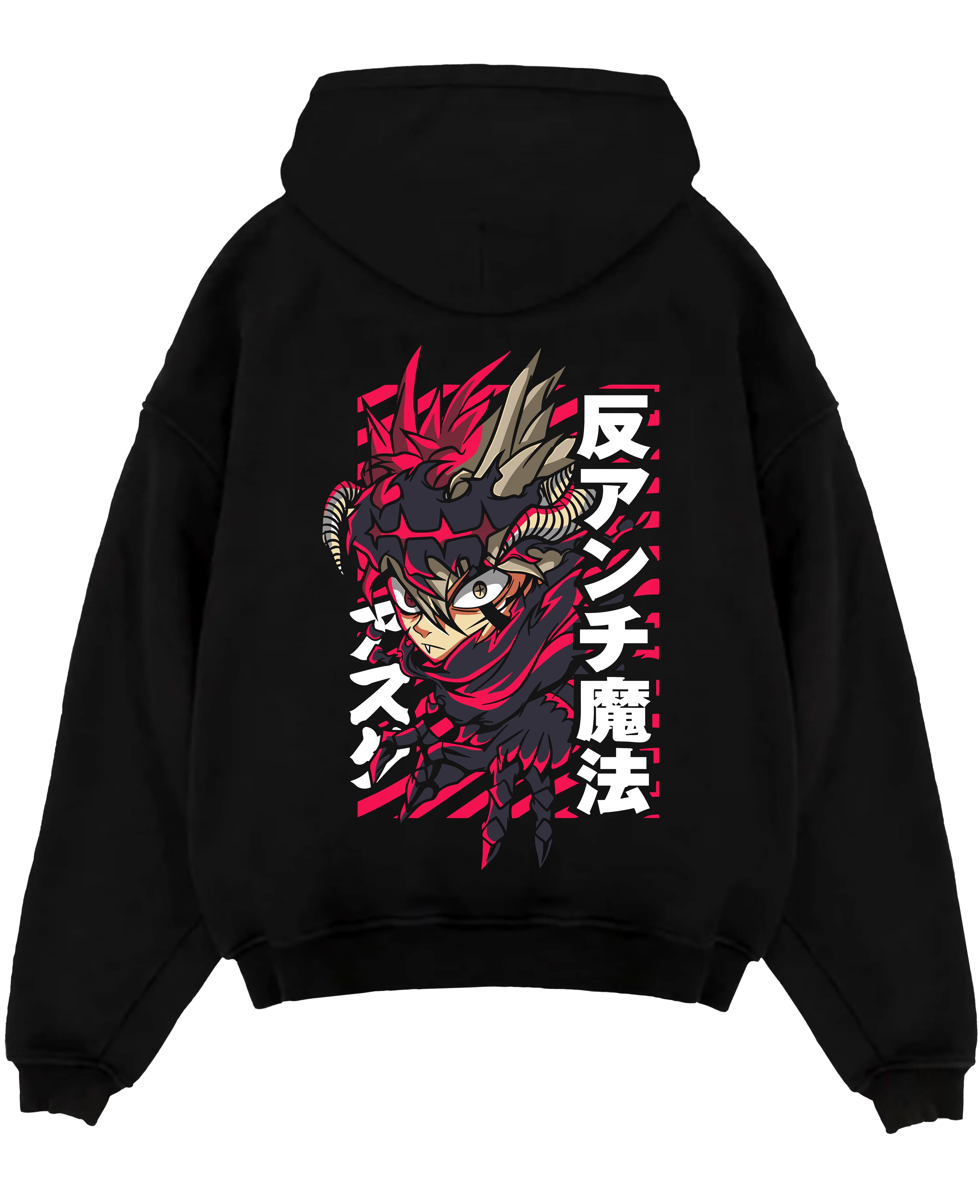 Black pullover hoodie laid flat on a white background, featuring Asta anti-magic anime poster inspired design with bold red manga artwork.