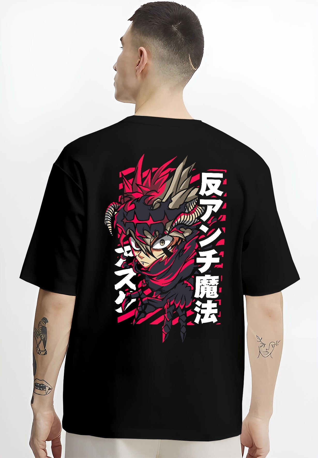 Black T-shirt worn by a male model, back view, featuring Asta anti-magic form retro manga graphic with sharp red and black anime aesthetic.