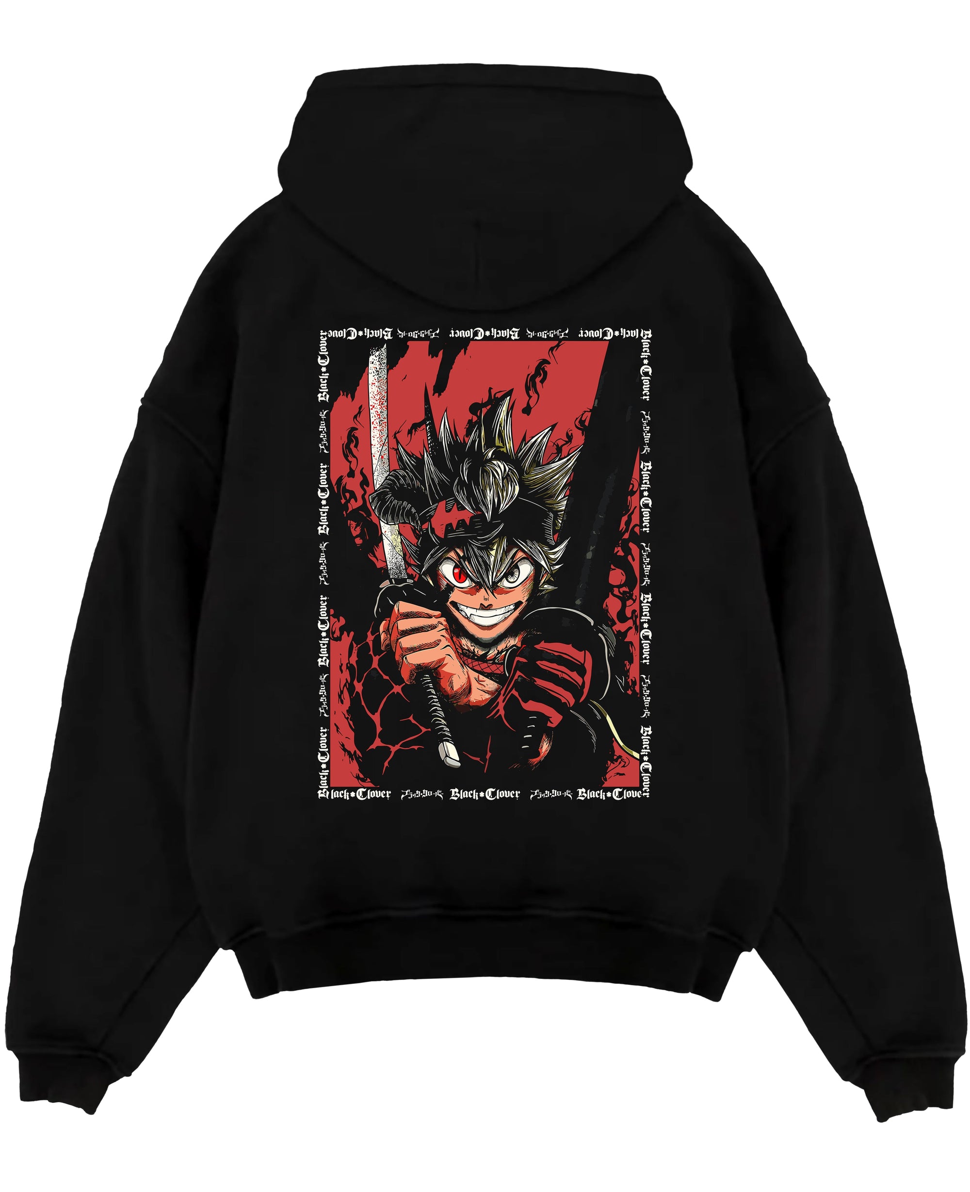Black pullover hoodie laid flat on a white background, featuring Asta Black Clover anime poster inspired design with dark manga artwork and fiery red tones.