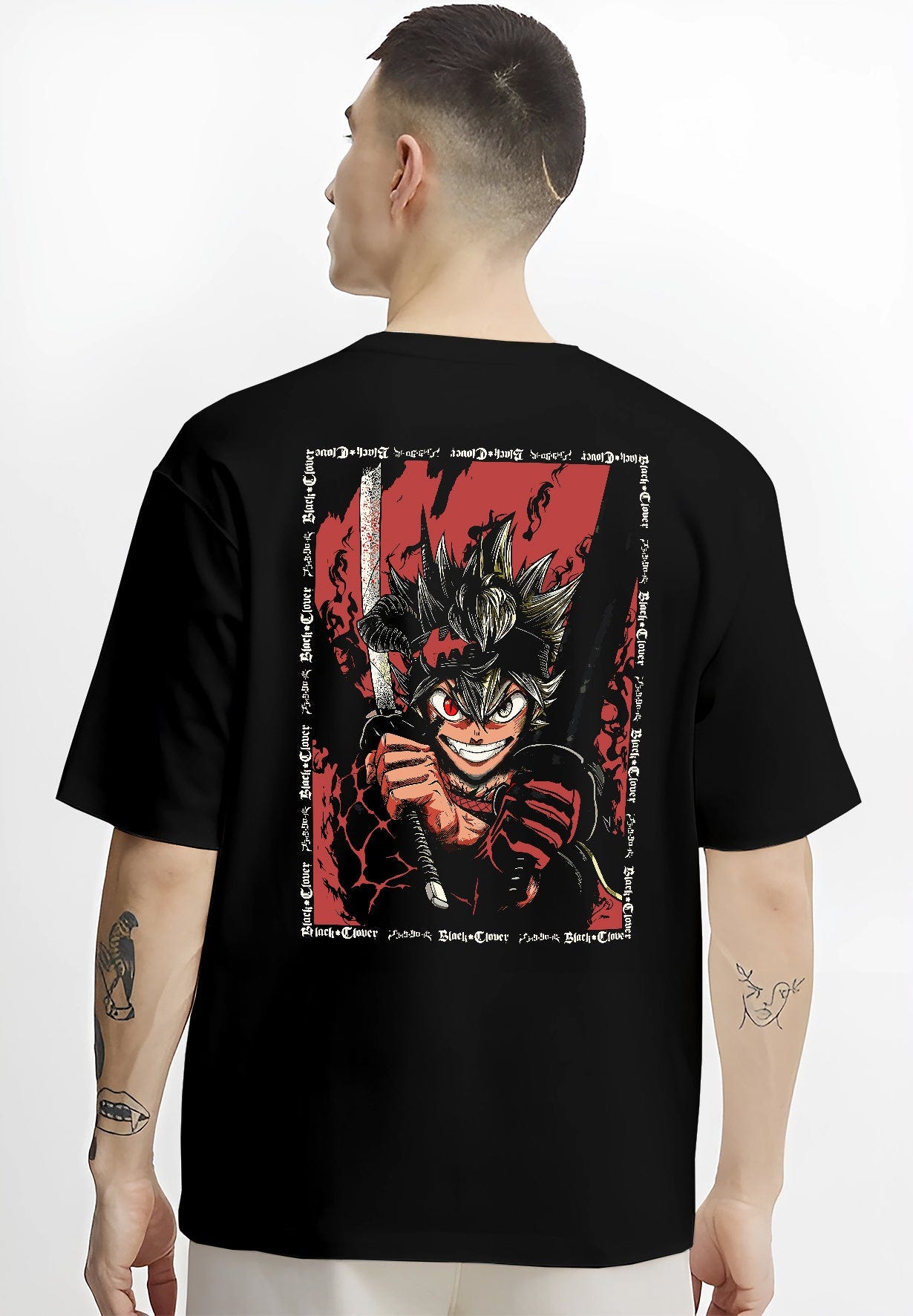 Black T-shirt worn by a male model, back view, featuring Asta Black Clover anime poster inspired shonen battle design with sword raised and fiery manga red aura.
