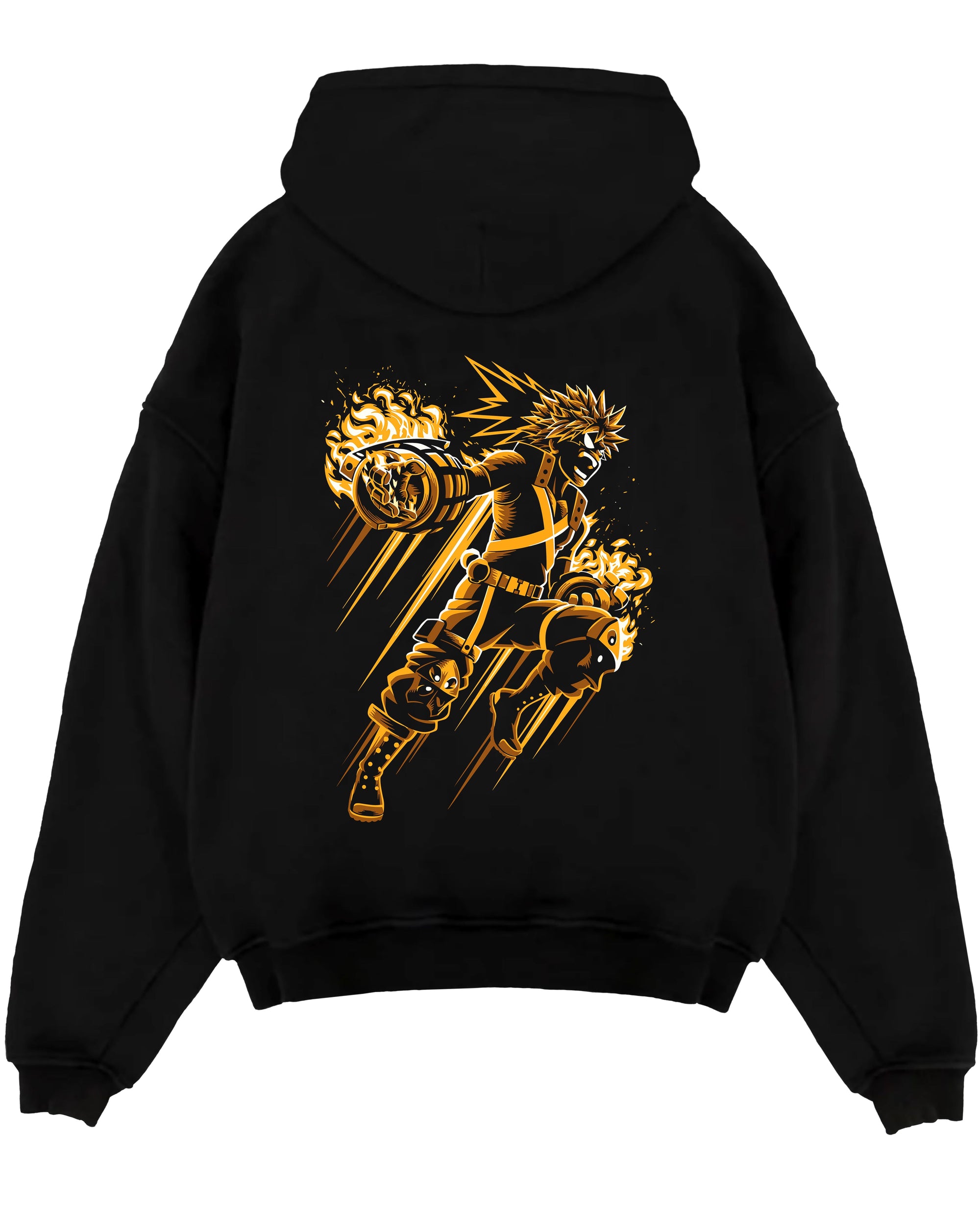 Black pullover hoodie laid flat on white, featuring Bakugo My Hero Academia retro manga graphic with explosive gauntlets and orange flames.
