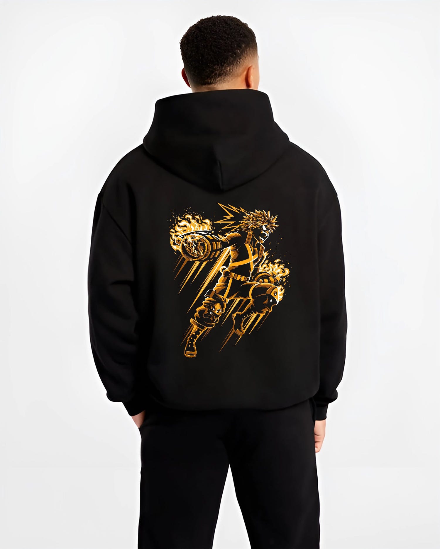 Black hoodie on male model, back view, Bakugo shonen battle design with explosive gauntlets, motion streaks, and bright flame effects.