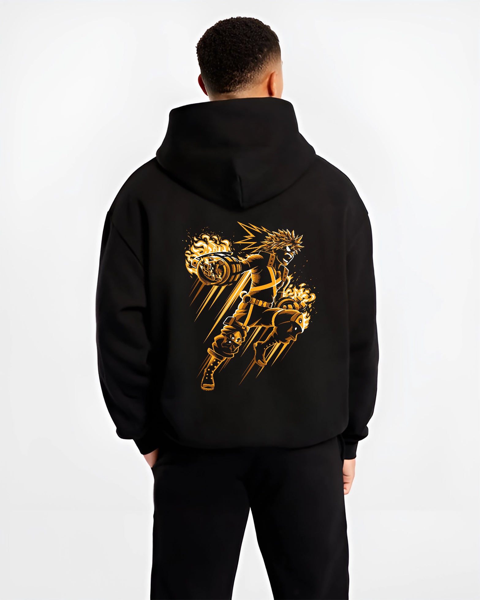 Black hoodie on male model, back view, Bakugo shonen battle design with explosive gauntlets, motion streaks, and bright flame effects.