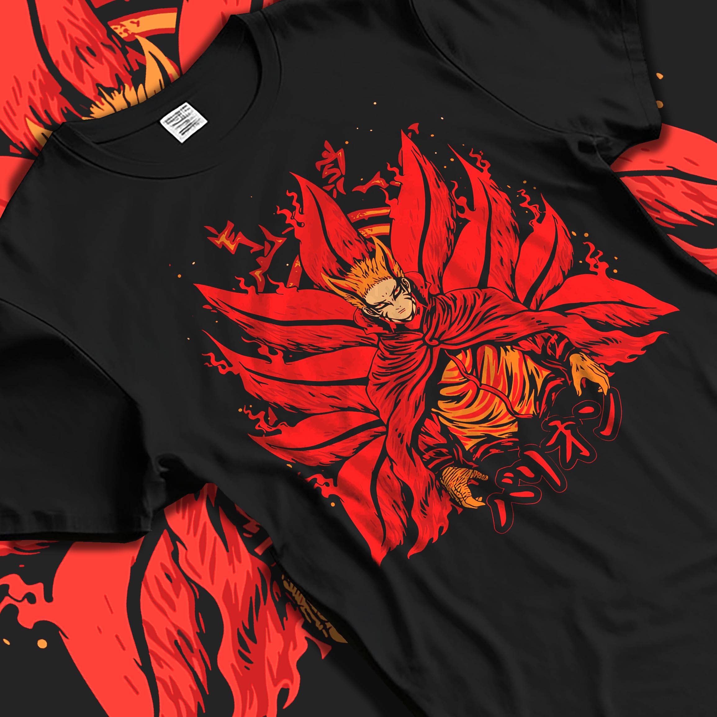 Black T-shirt laid flat with natural fabric folds, featuring Naruto Baryon Mode retro manga graphic artwork in fiery anime poster inspired battle aesthetic design.