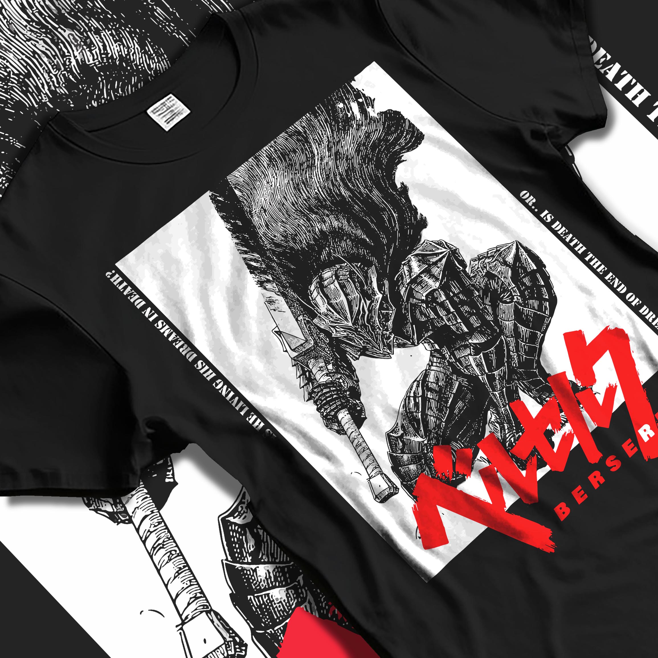 Black T-shirt laid flat with natural fabric folds, featuring Berserk Guts anime poster inspired artwork in gritty retro manga graphic with sword stance and red lettering.