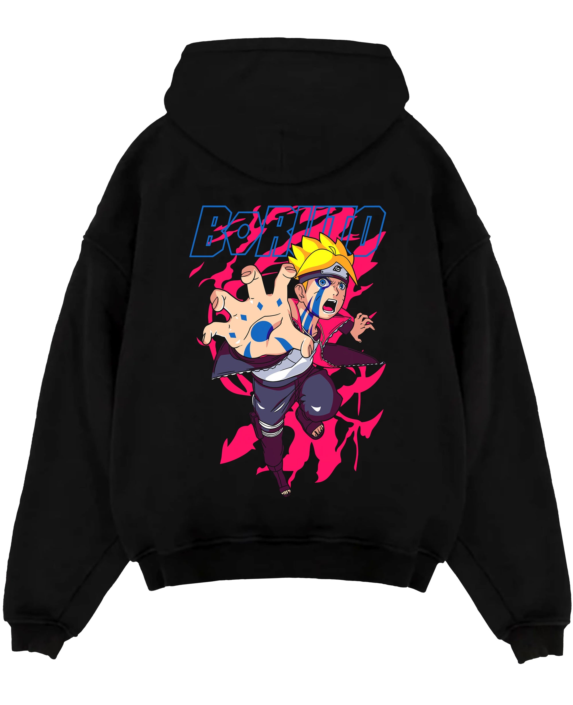 Black pullover hoodie laid flat, featuring Boruto anime poster back graphic with blue Karma marks and a neon pink aura.