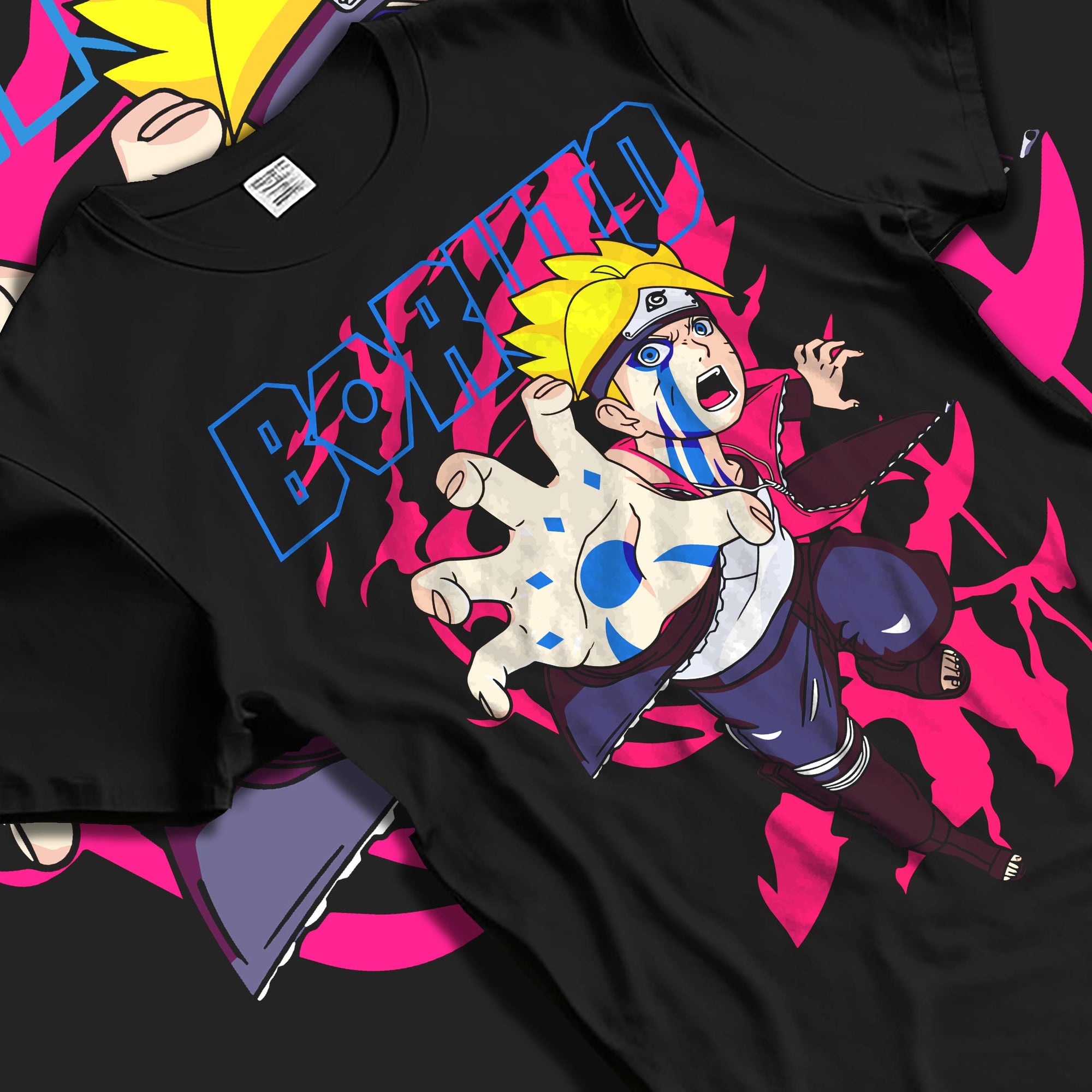 Black T-shirt laid flat with soft folds, featuring Boruto anime poster back design with blue Karma marks and neon pink aura.