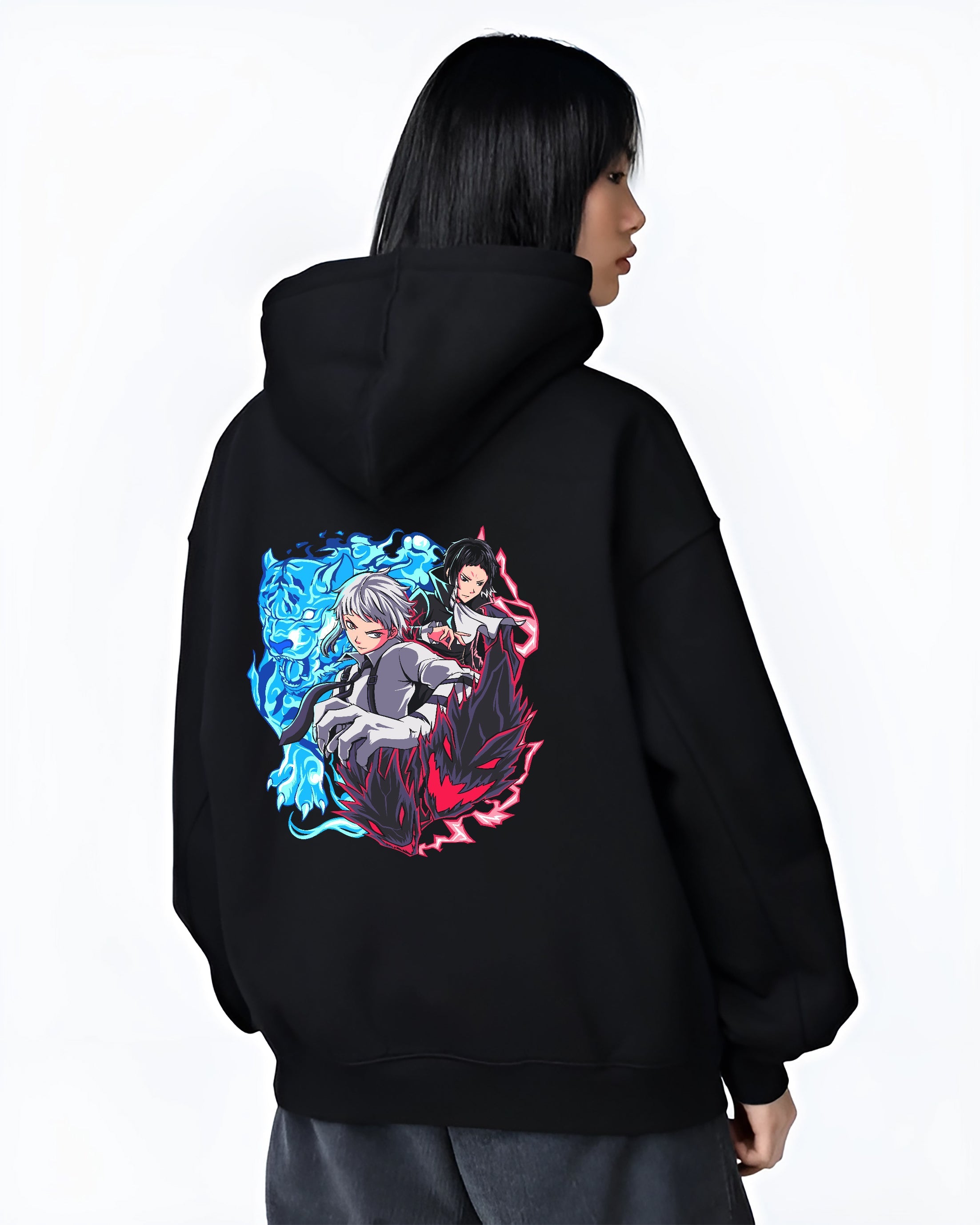 Black hoodie on female model, back view, Bungo Stray Dogs duo retro manga artwork with blue tiger aura and red shadow.