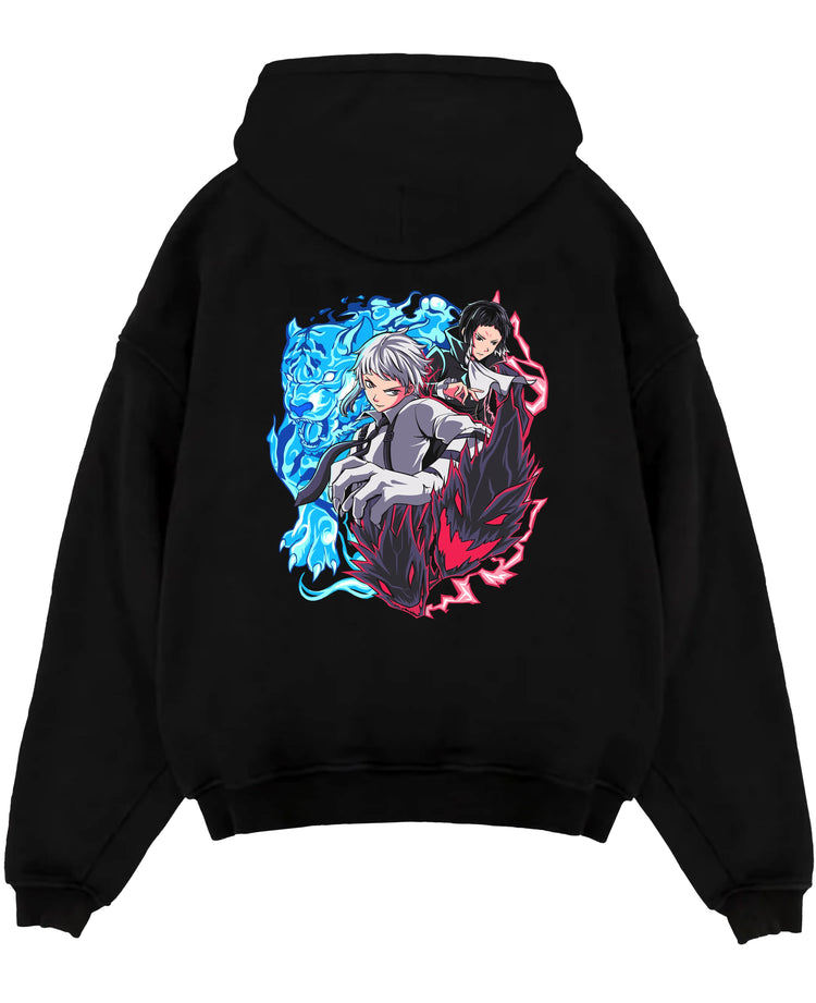 Black pullover hoodie laid flat on white, featuring Bungo Stray Dogs Atsushi and Akutagawa retro manga graphic with blue tiger and red shadow.