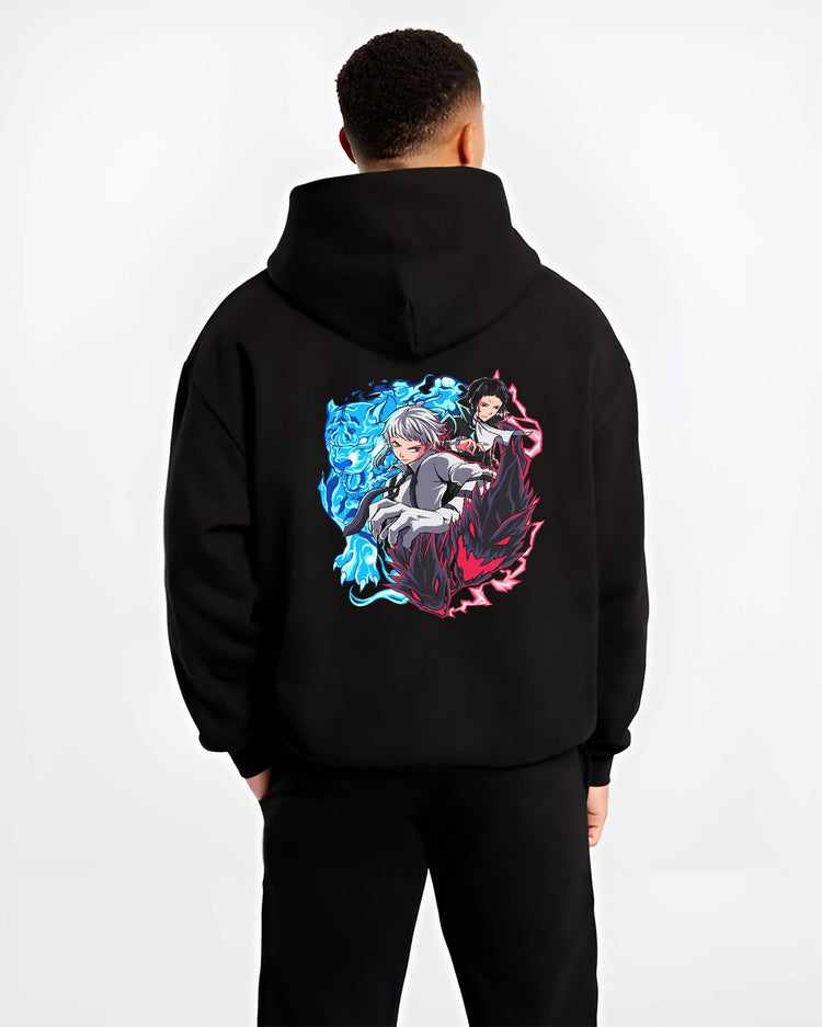 Black hoodie on male model, back view, showing Atsushi and Akutagawa Japanese animation streetwear design with blue tiger and red shadow beast.