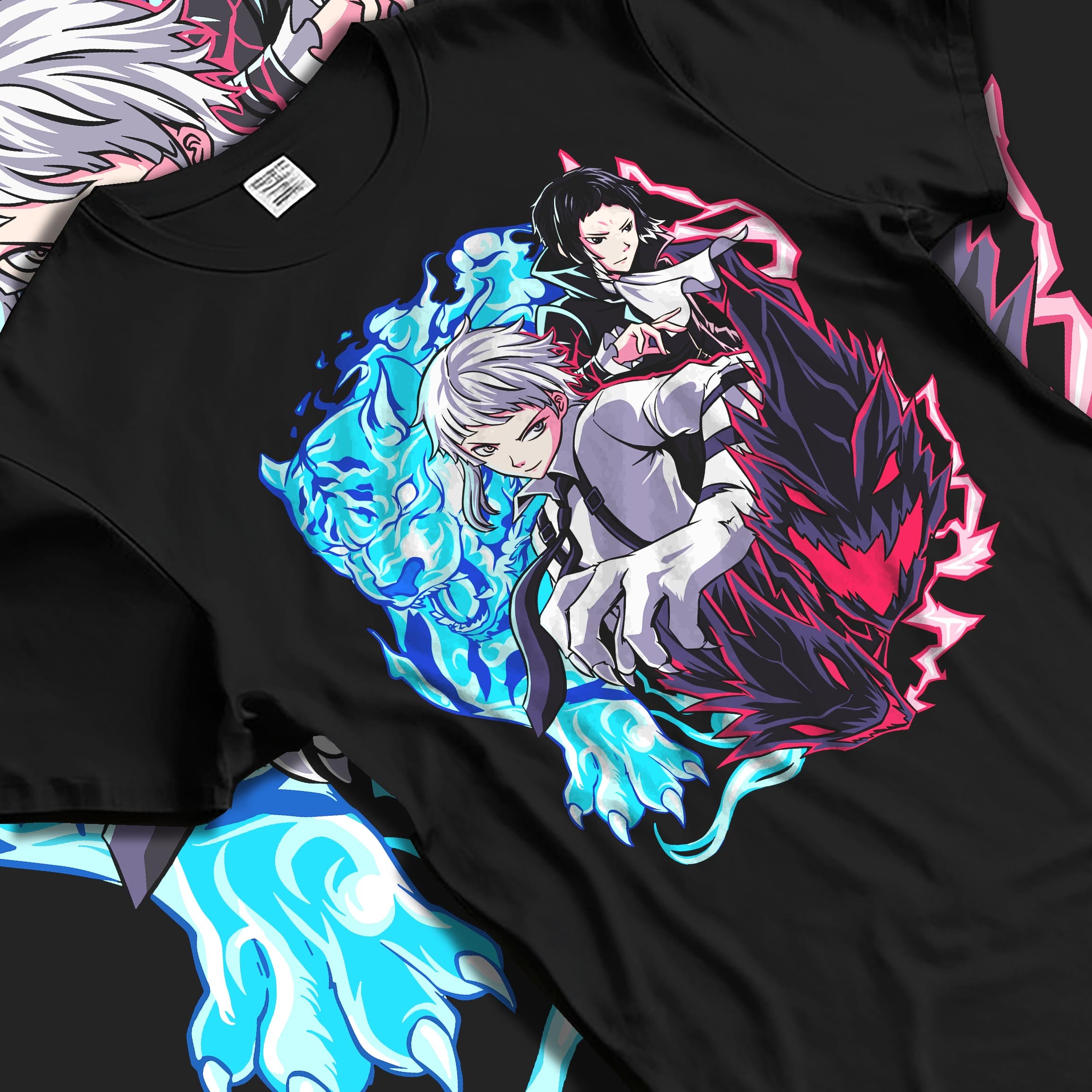 Black T-shirt laid flat with soft folds, featuring Bungo Stray Dogs retro manga duo with blue tiger and red shadow accents.