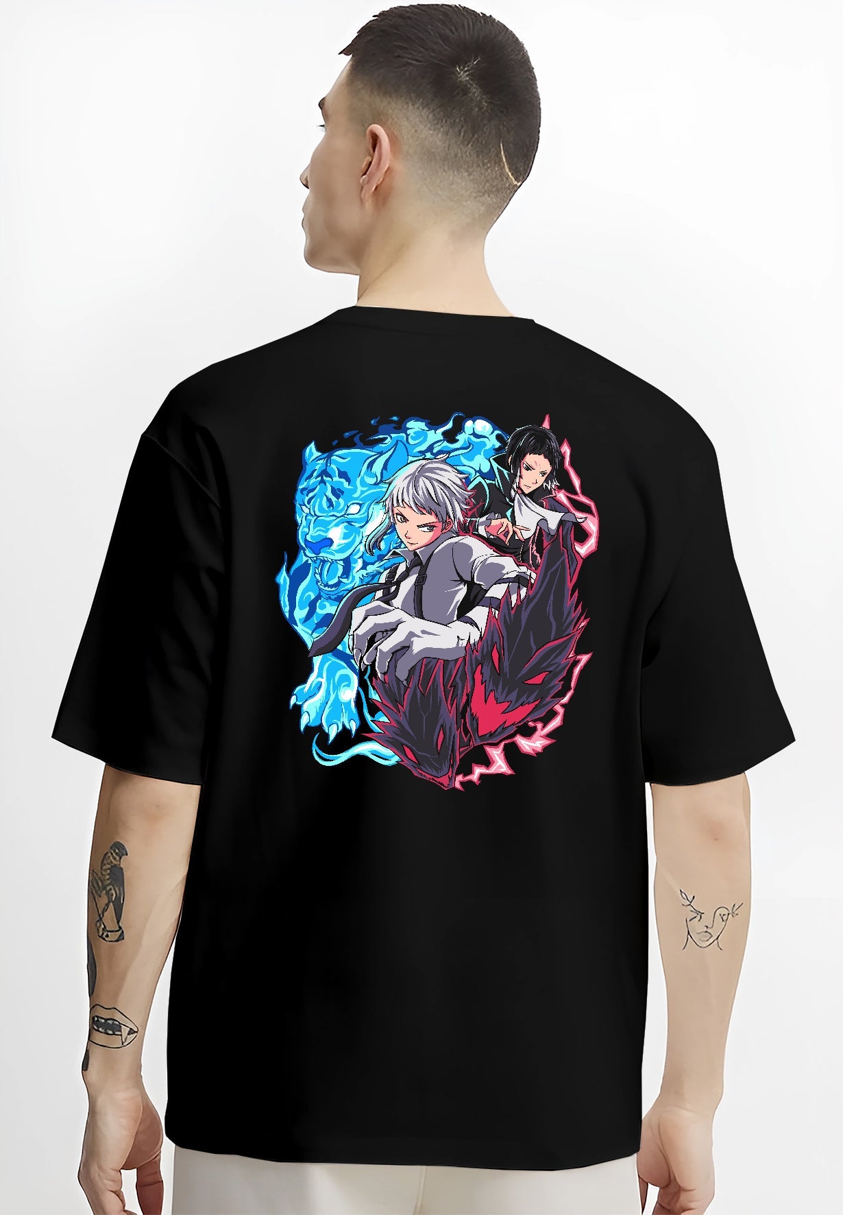 Black T-shirt on male model, back view, Atsushi and Akutagawa anime poster graphic with blue tiger and red shadow energy.