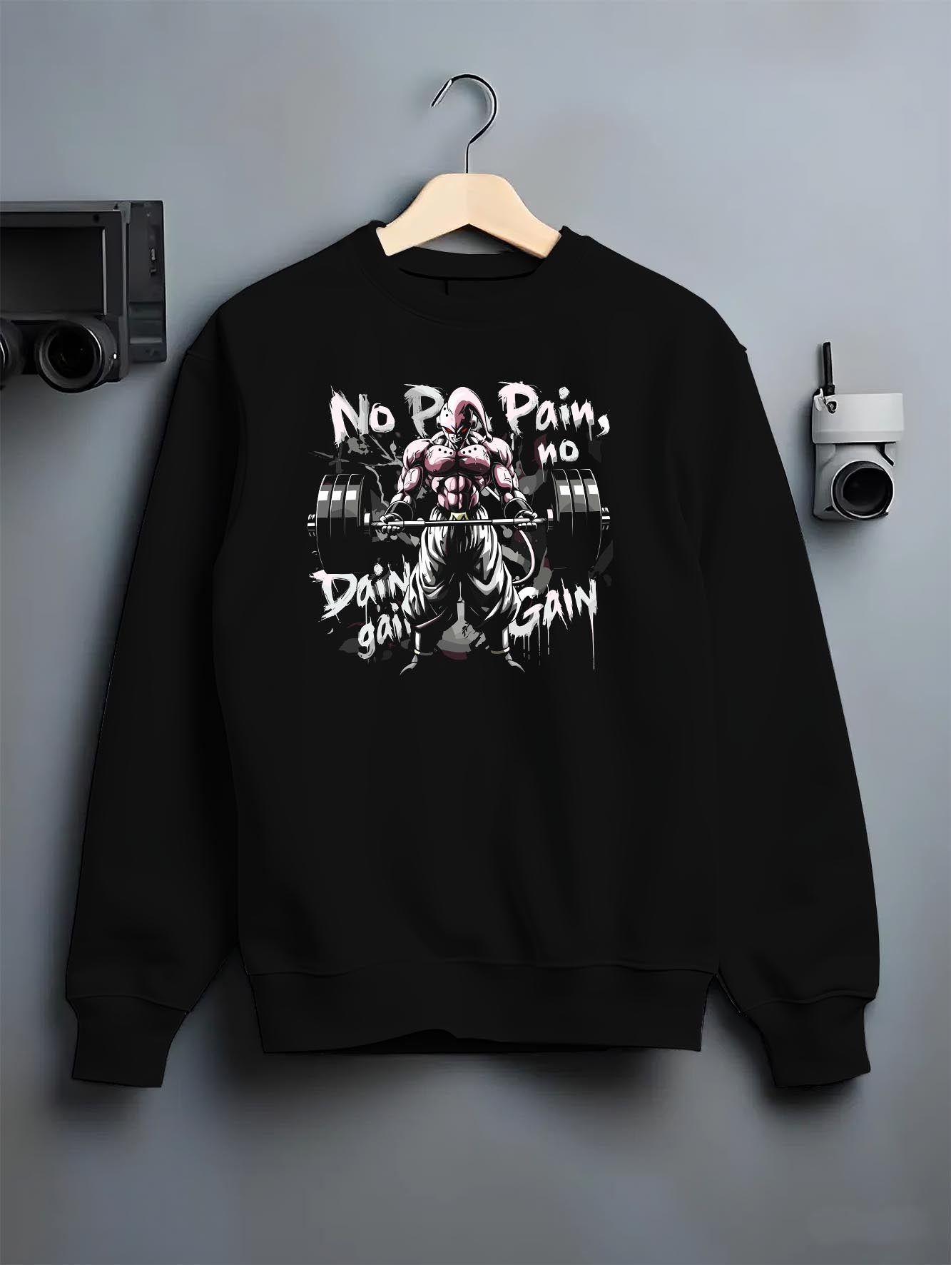 Black crewneck sweatshirt on a hanger against a grey wall, featuring Dragon Ball Majin Buu retro manga graphic weightlifting design with “No Pain No Gain” text.