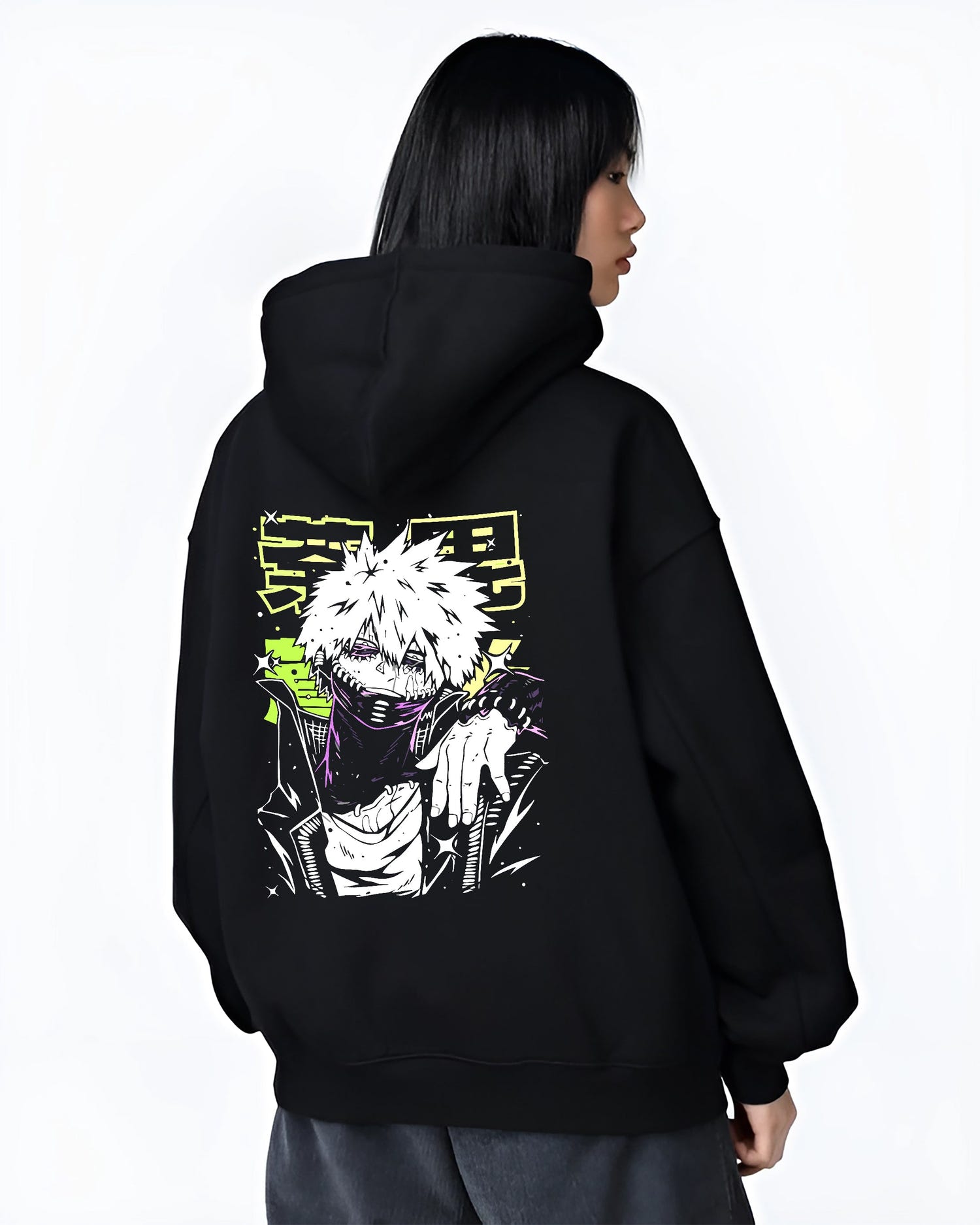 Black hoodie worn by a female model, back view, featuring Dabi My Hero Academia dark manga panel design with striking villain artwork in urban fashion back graphic.